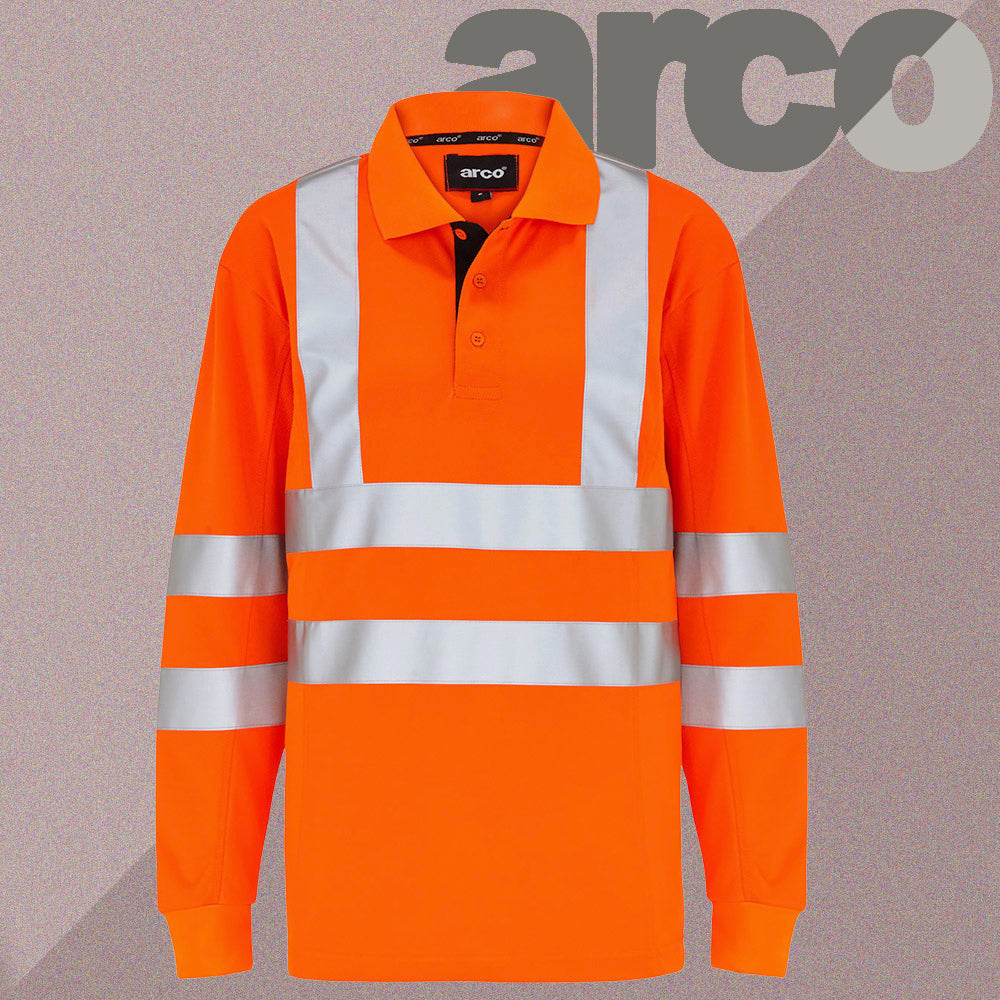 Arco Safety Workwear Class 3 Hi Vis Orange Polo Shirt Long Sleeve