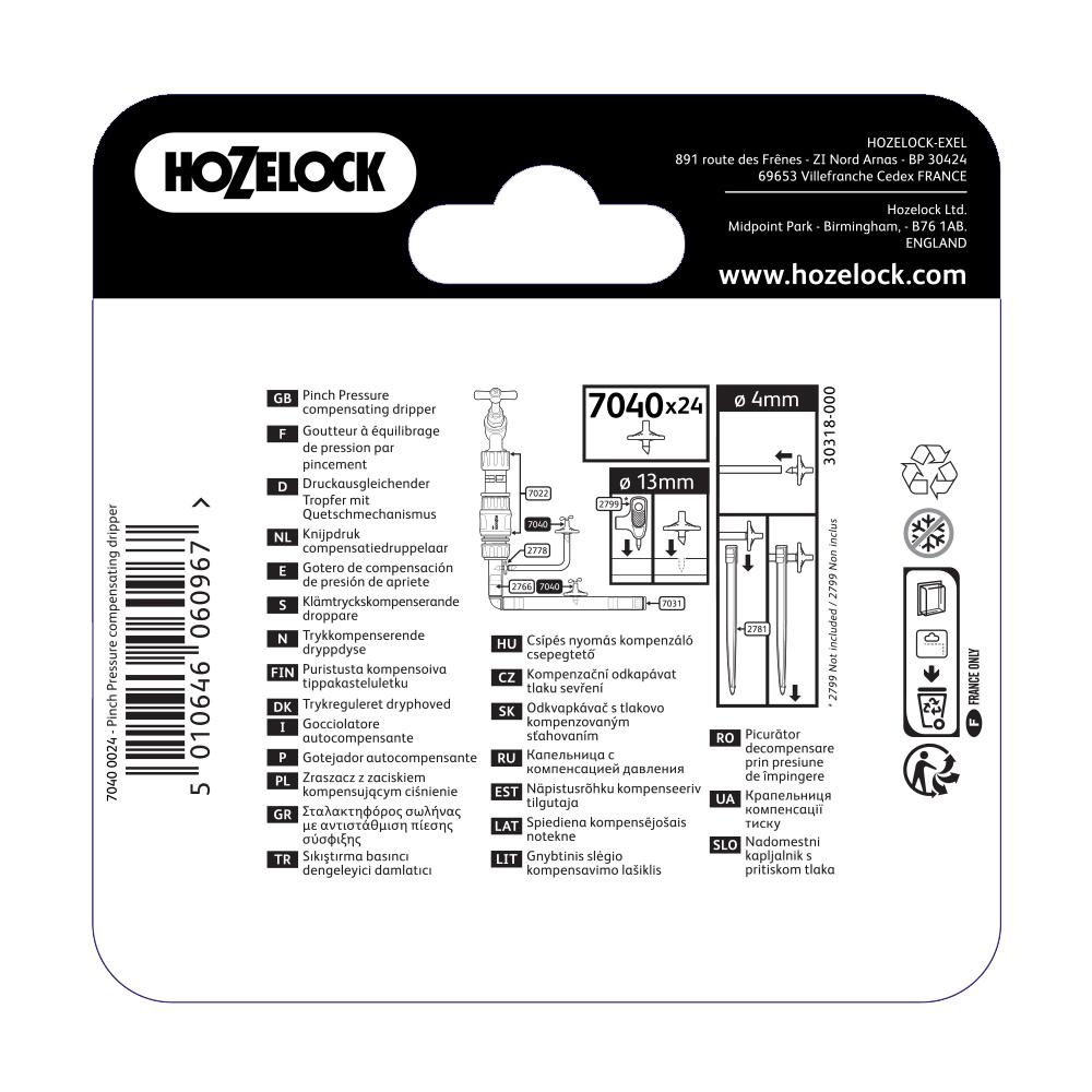 Hozelock 7040 Pinch Pressure Compensating Dripper 4lph 4mm/13mm pipe - Pack of 24