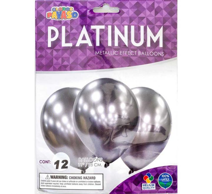 GLOBOS PAYASO Platinum Metal 11" Silver 12pk