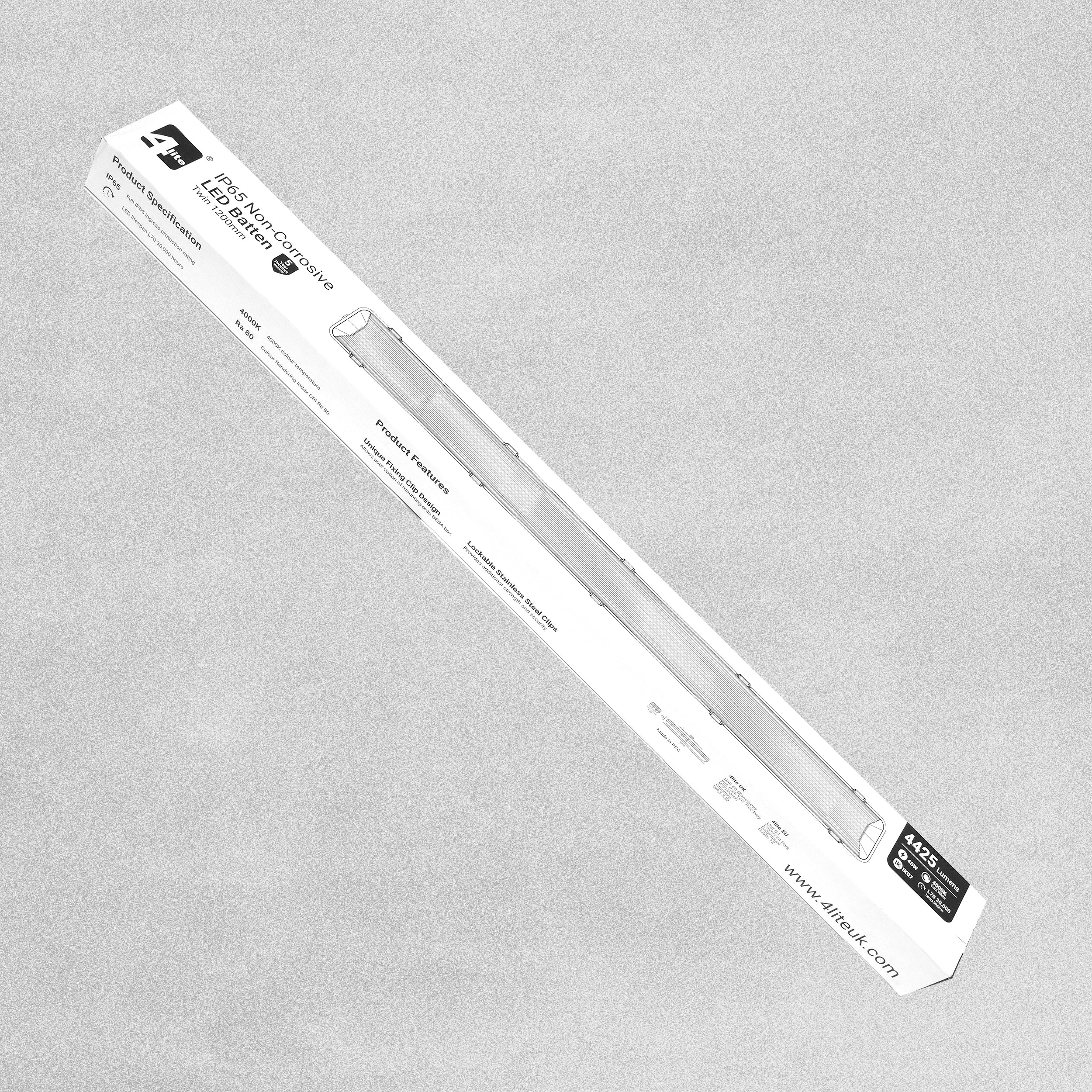 4lite Professional Twin Non-Corrosive Led Batten Light 4ft IP65 40W 4425lm - Cool White