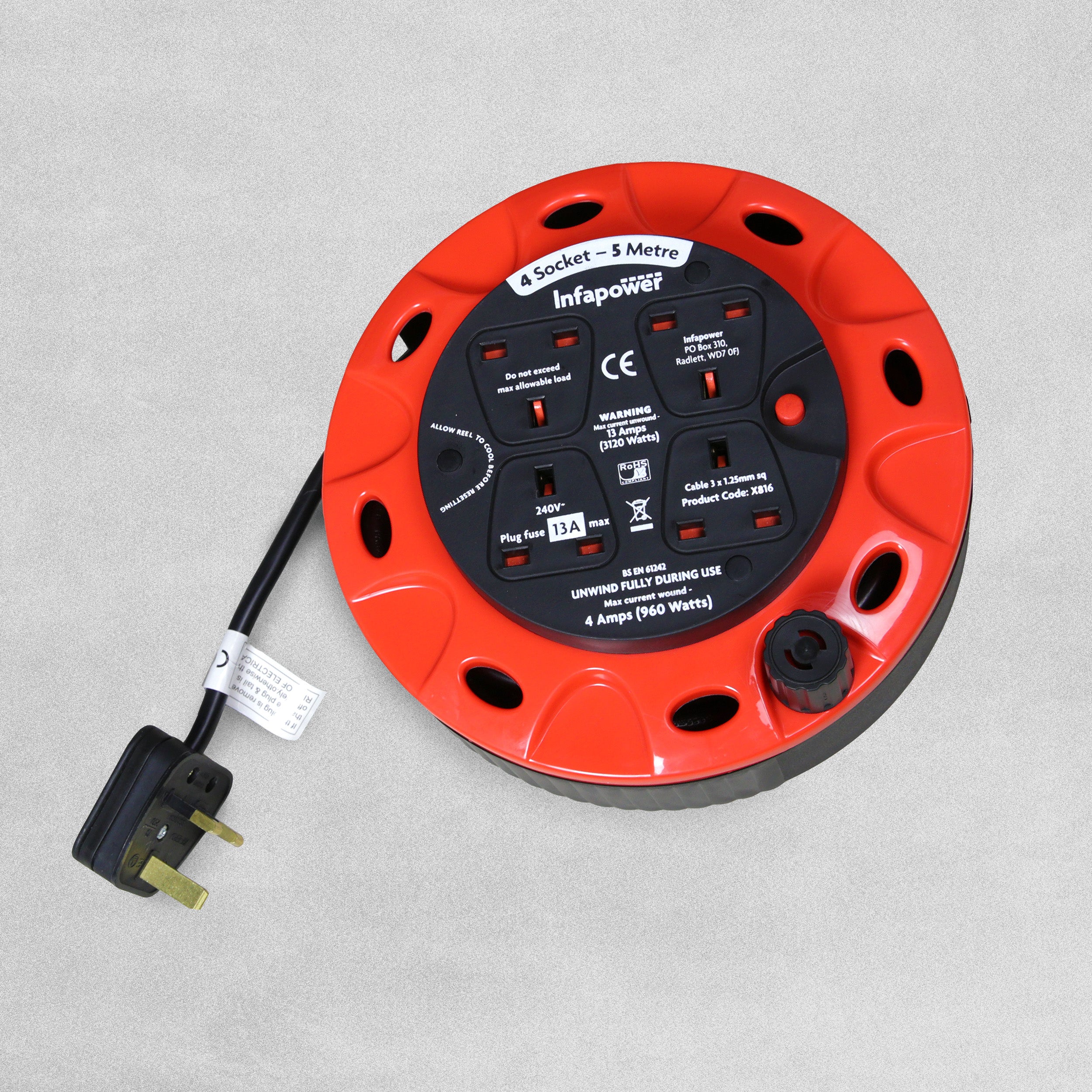 Infapower 4 Socket 5m 13A Cable Reel Drum