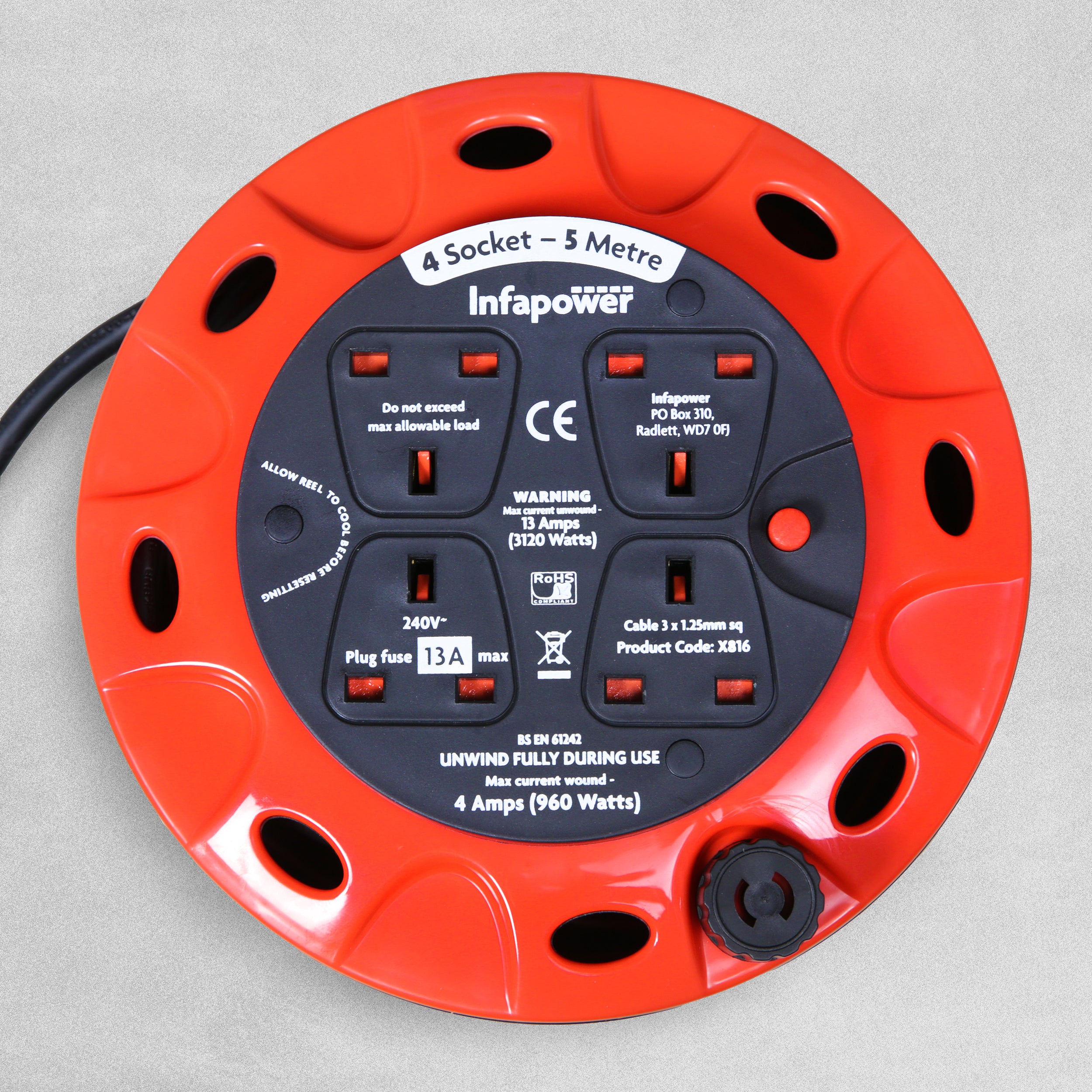 Infapower 4 Socket 5m 13A Cable Reel Drum