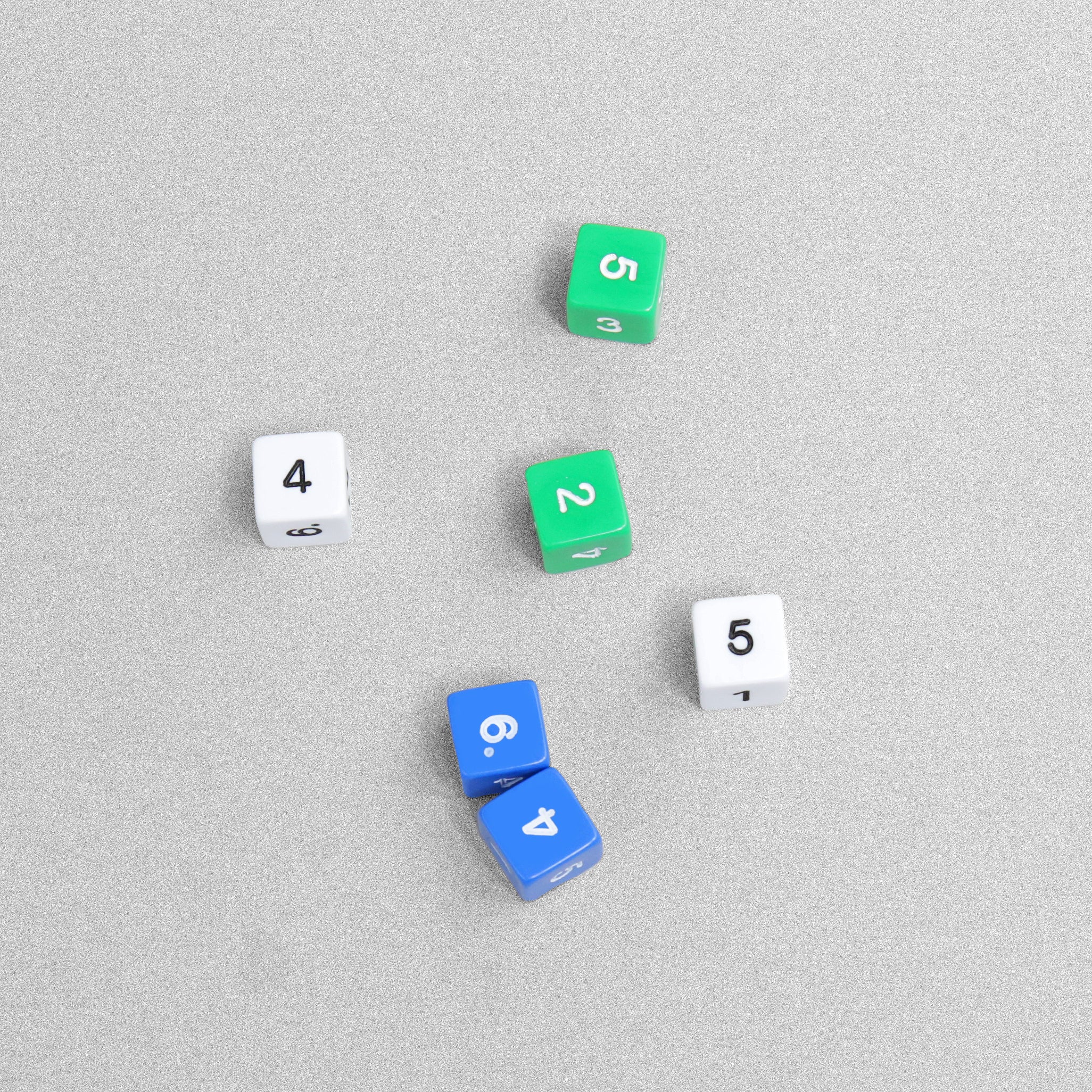 Multi-Coloured Dice - 6pcs - Blue, Green and White