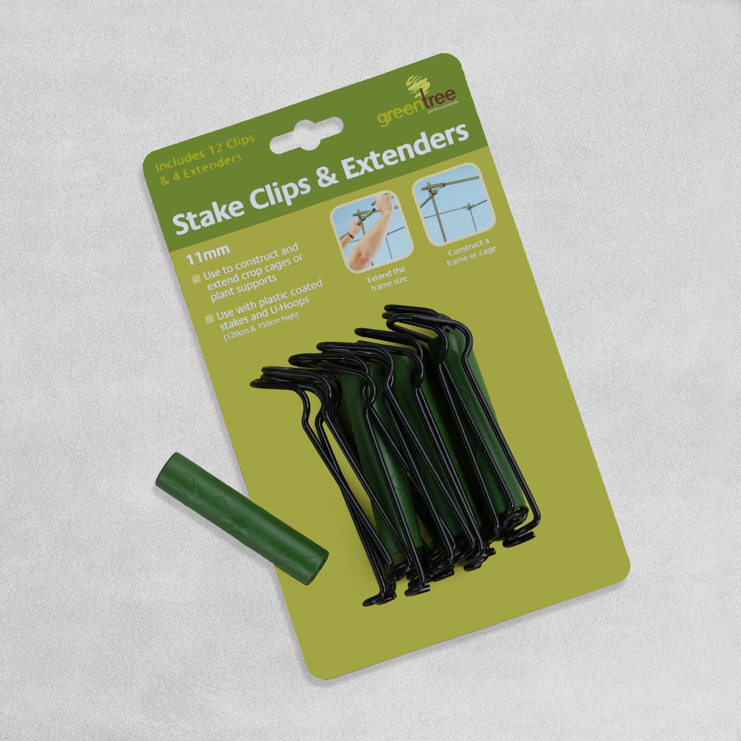 Green Tree Stake Clips & Extenders 11mm (12 clips & 4 extenders)