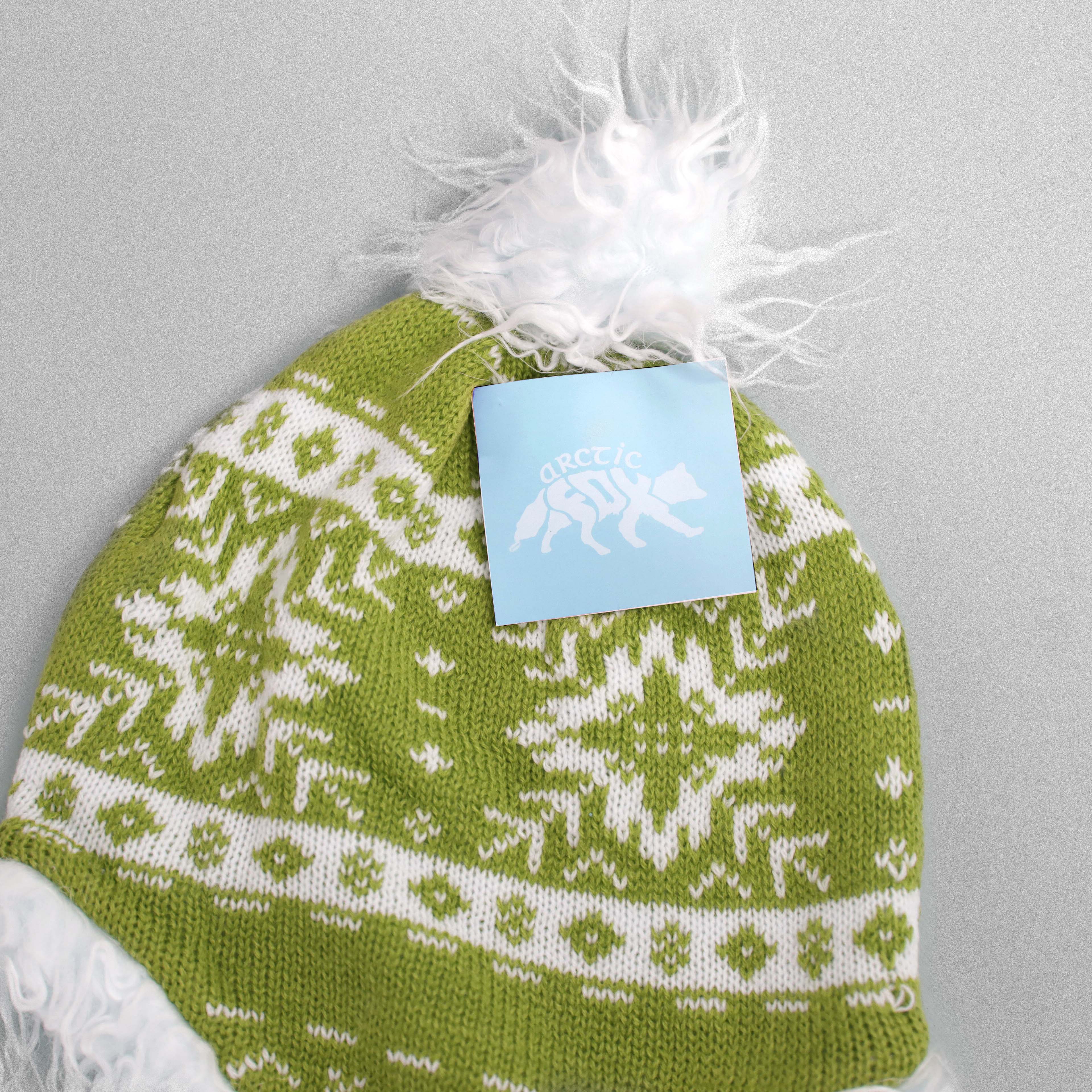 Arctic Fox Knitted Chullo Hat Fleece Lined - Moss Green