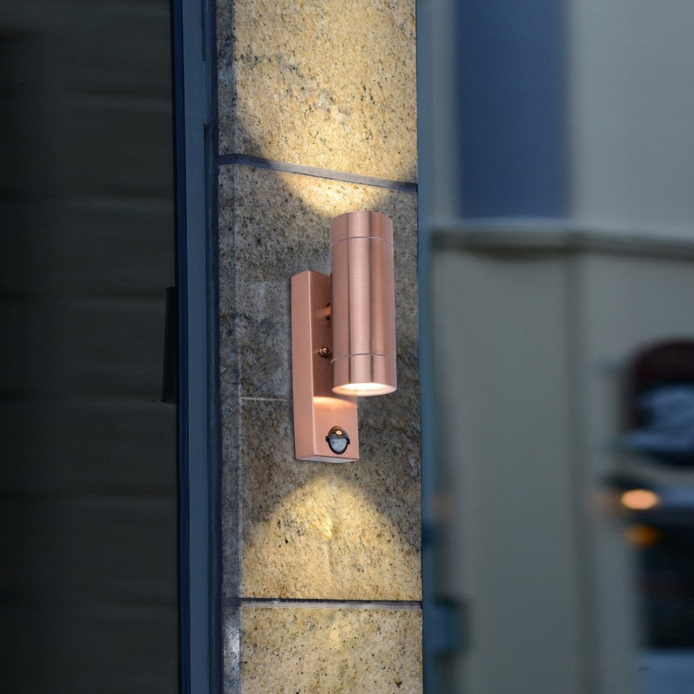 Lutec Rado Clear Glass 2 Light IP44 Outdoor Sensor Wall Light - Copper