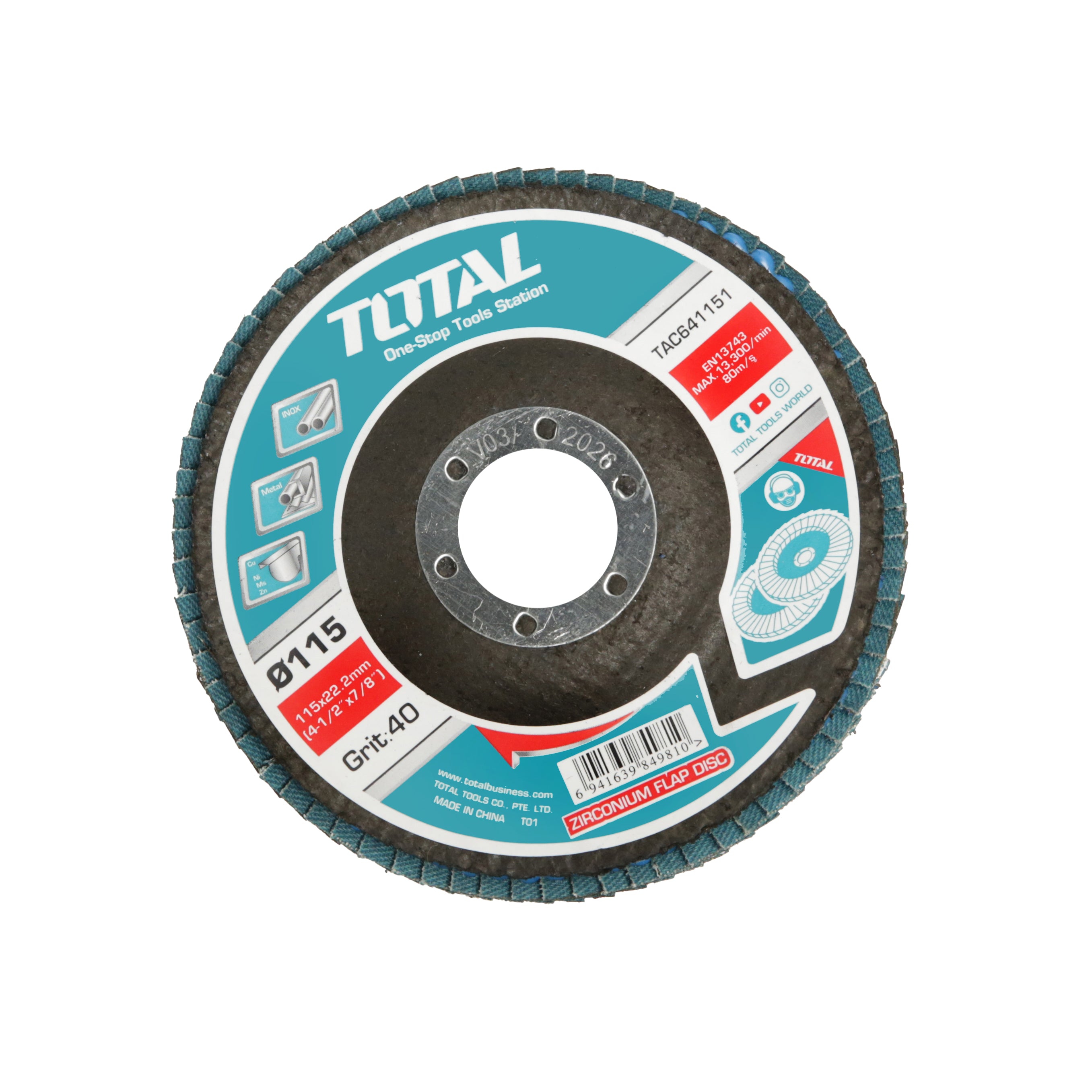 Total Zirconium Flap Disc - 22mm x 115mm - 40 Grit - TAC641151