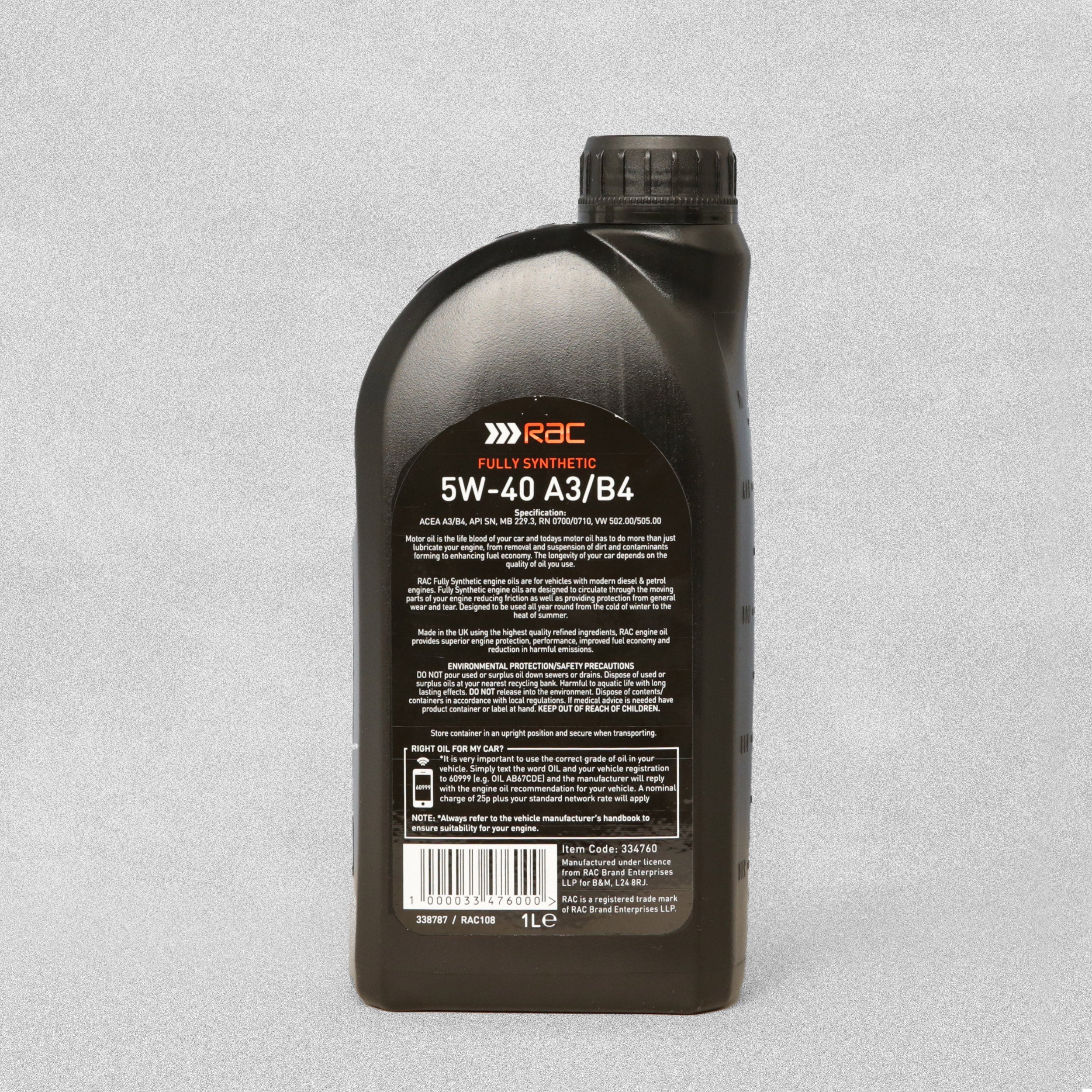 RAC Fully Synthetic 5W-40 A3/B4 Fuel Economy Motor Oil - 1L