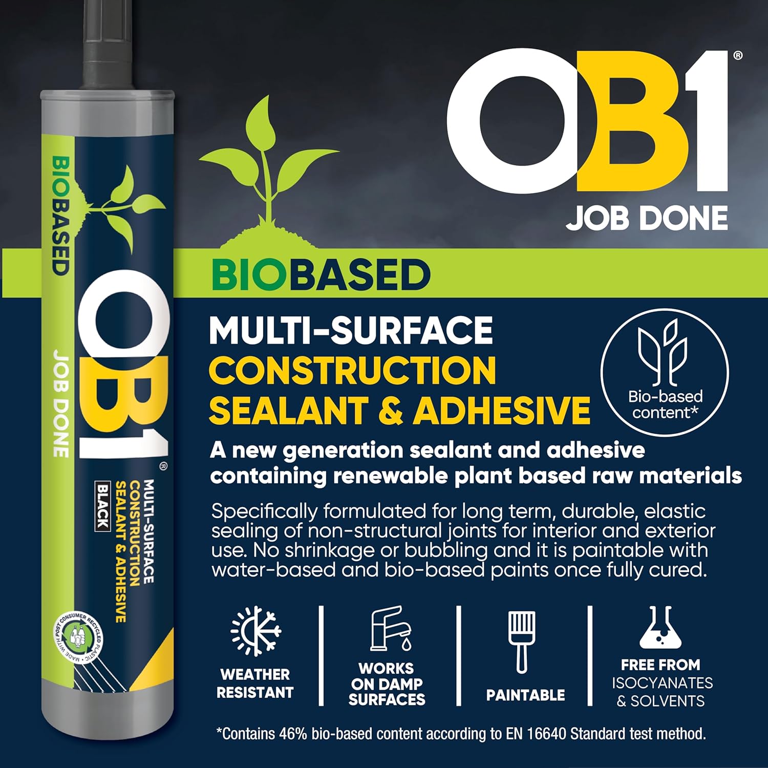 OB1 Bio-Based Multi-Surface Construction Sealant & Adhesive 290ml Black