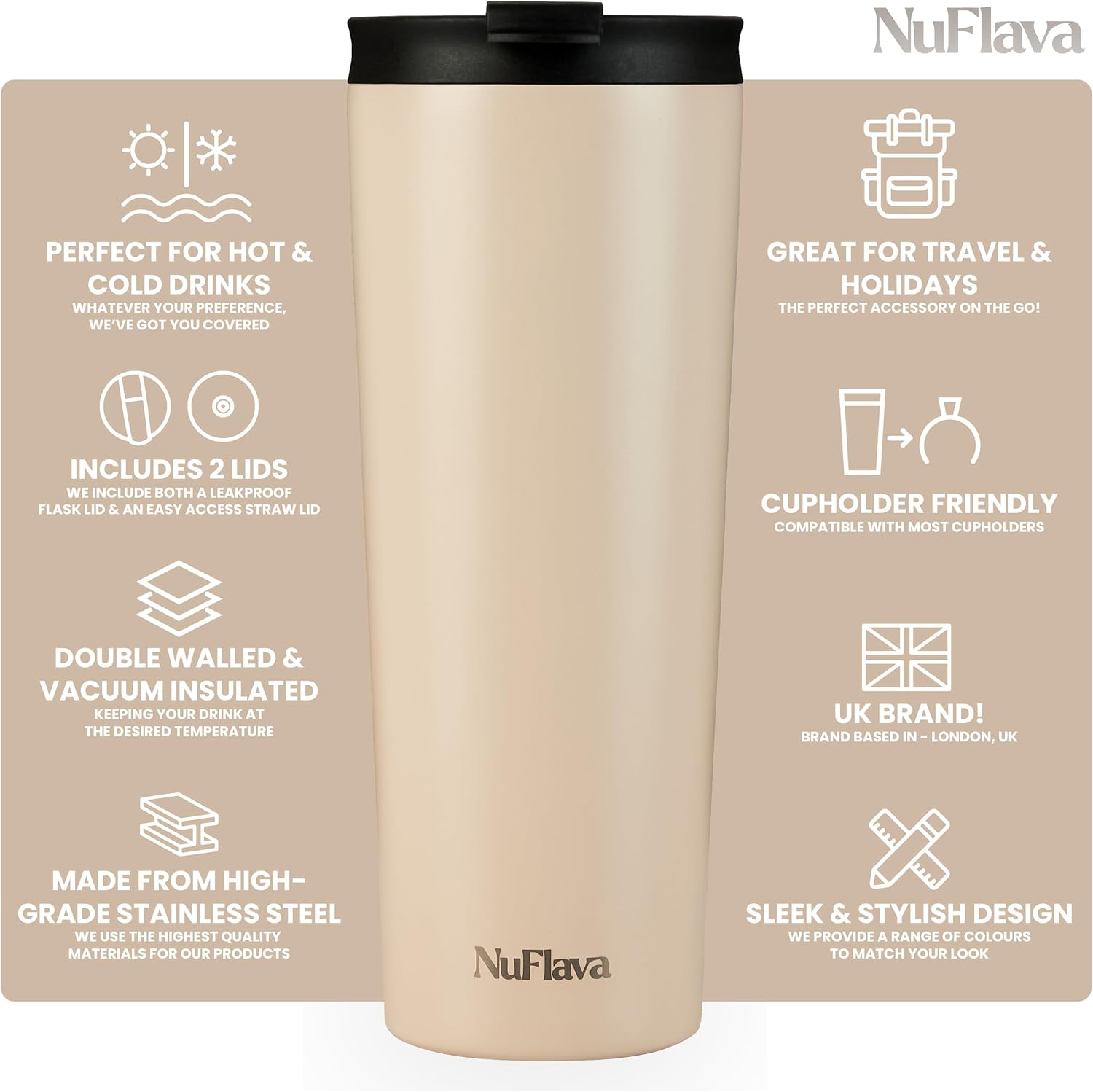 NuFlava Insulated Tumbler with Straw & Flask Lids