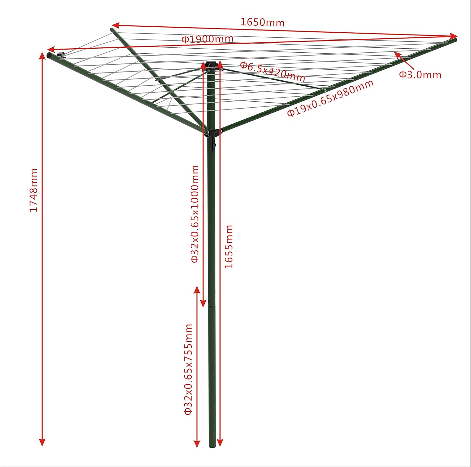 Better 30M 30m 3 arm Steel Rotary Washing Line with Umbrella Clip Locking Mechanism