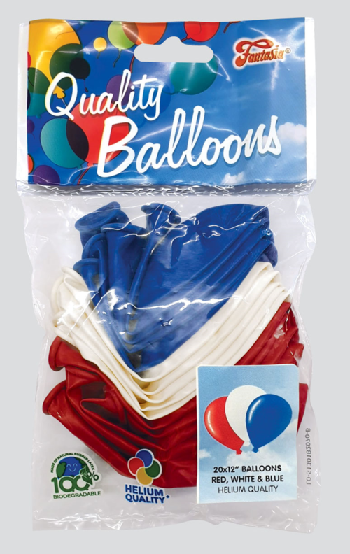 Fantasia pack of 20 12" Red/ White/Blue Balloons