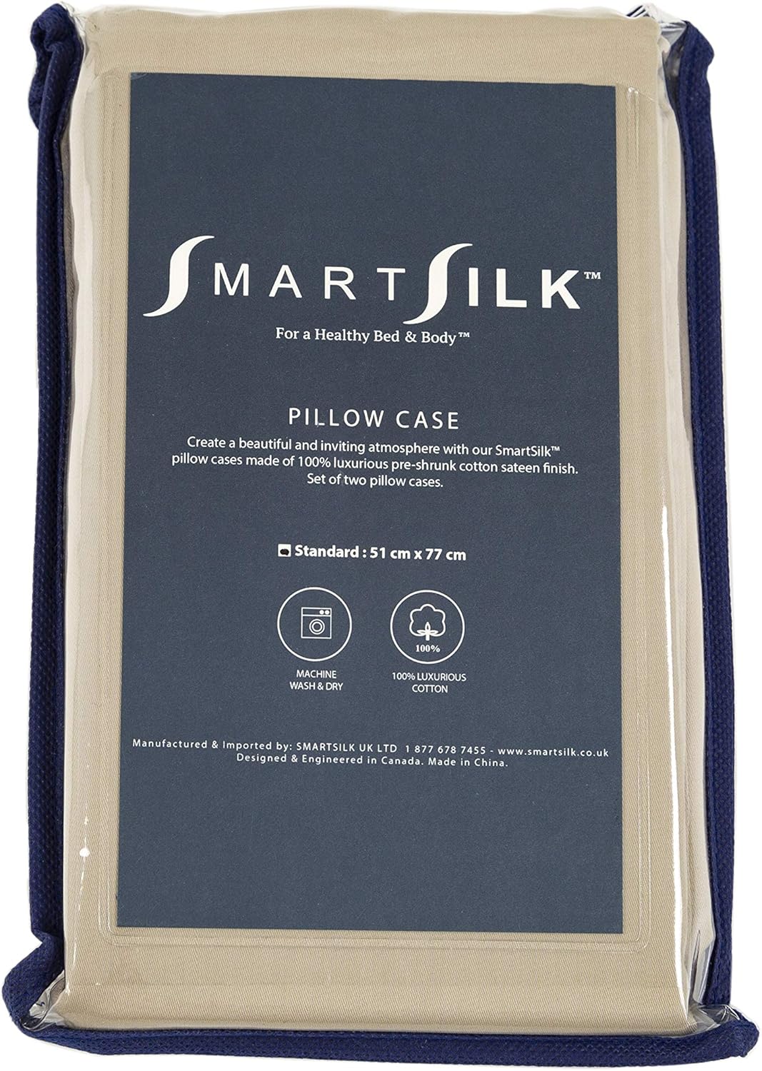 Smart Silk 100% Cotton Sateen Finish Set of 2 Pillow Cases  - Standard Size 51cm x 77cm