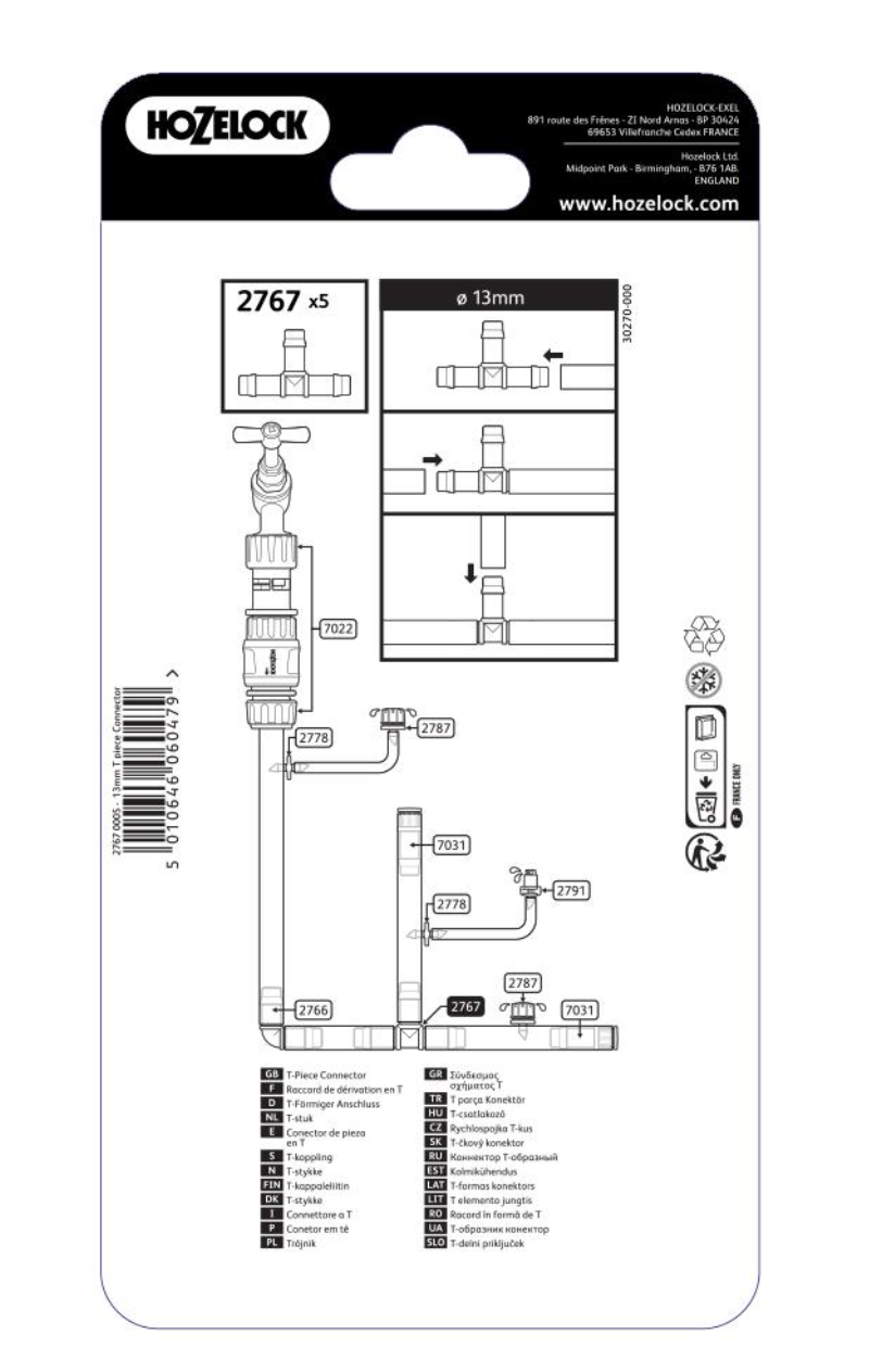 Hozelock 2767 T Piece 13mm - Pack of 2