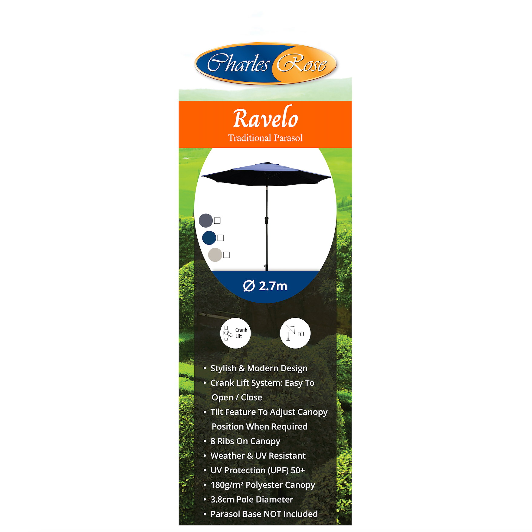 Ravelo 2.7m Crank and Tilt Parasol - 3 Colours Available