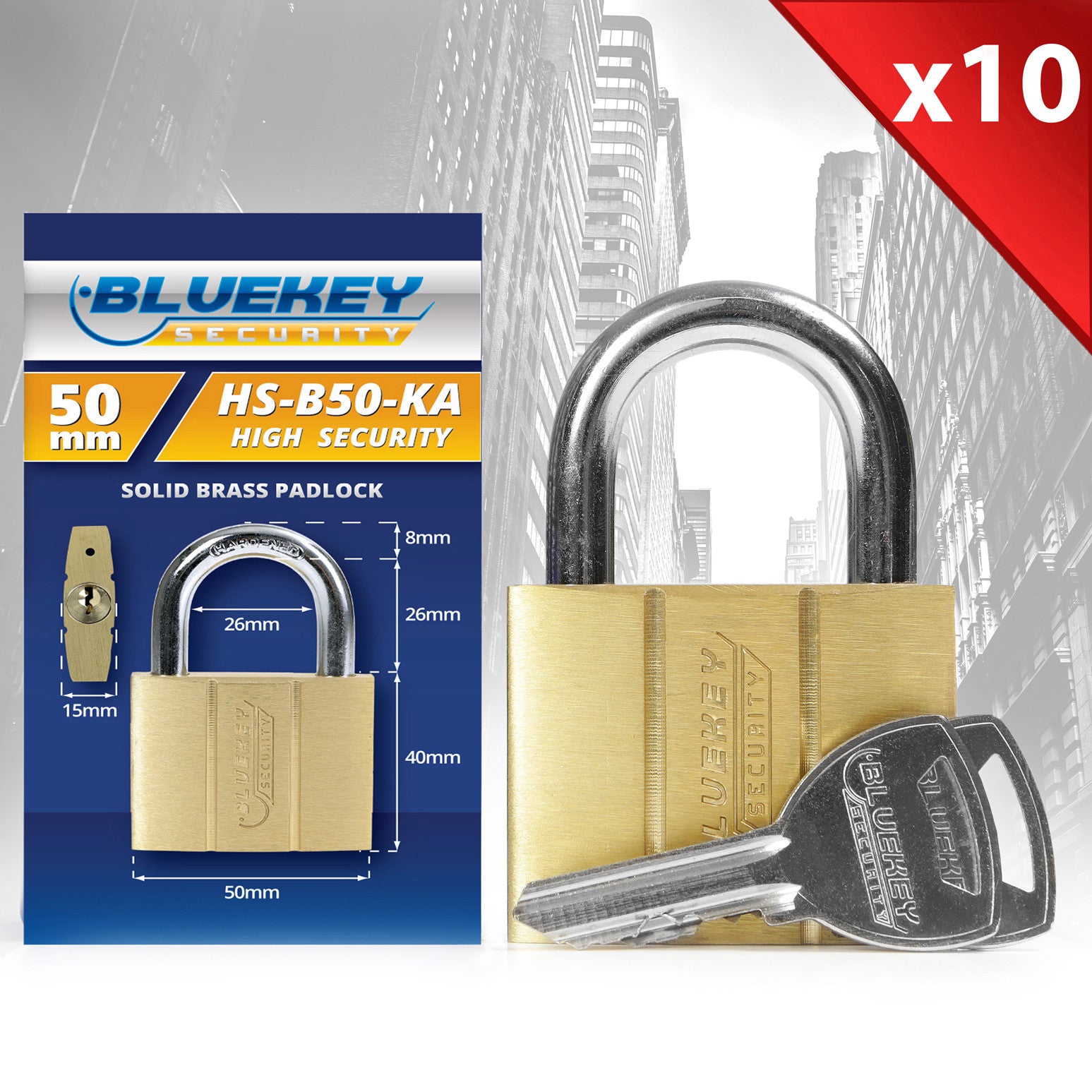 10x Bluekey Heavy Duty Solid Brass Keyed Alike 50mm Padlocks HS-B50-KA