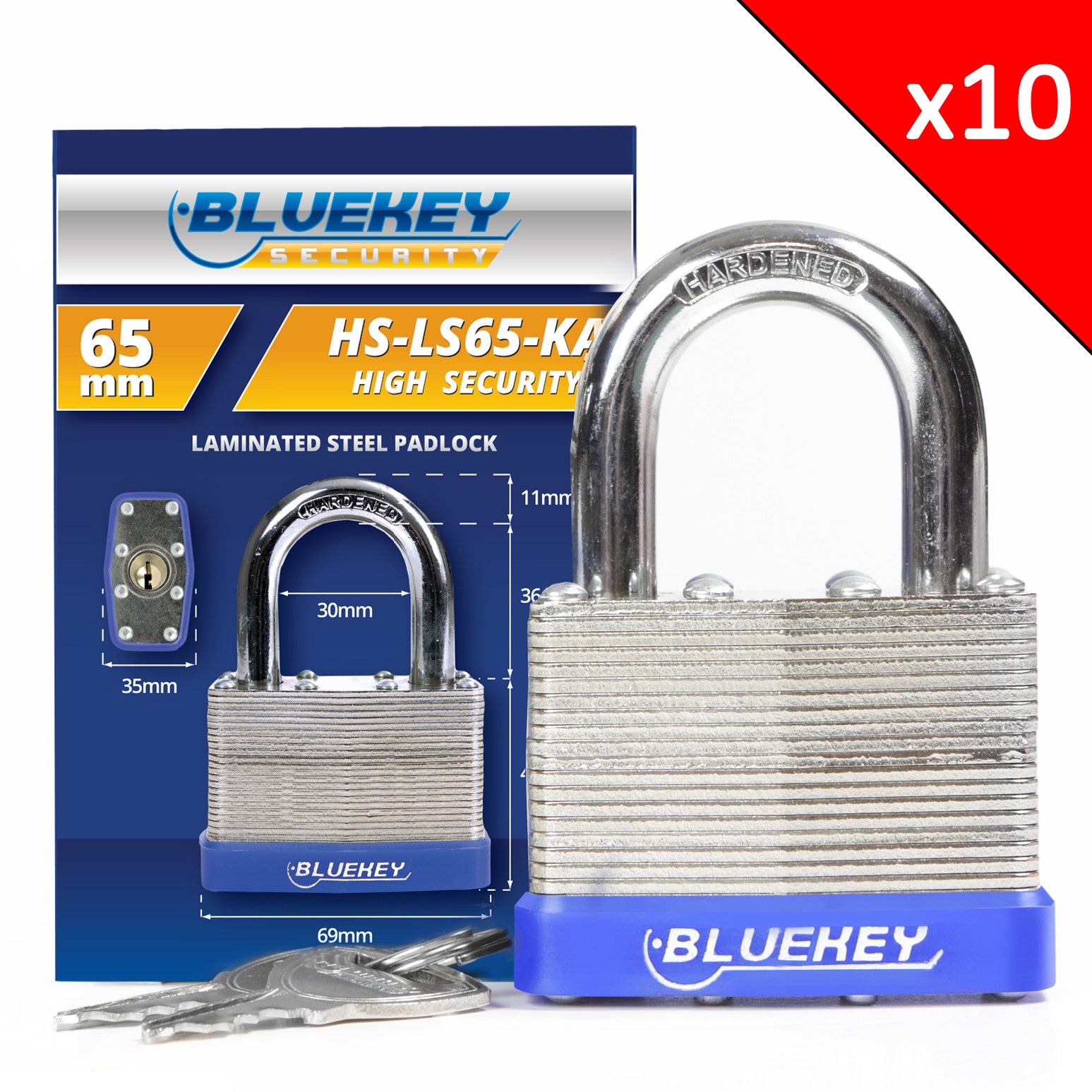 10x Bluekey Heavy Duty Laminated Steel Keyed Alike 65mm Padlocks HS-LS65-KA