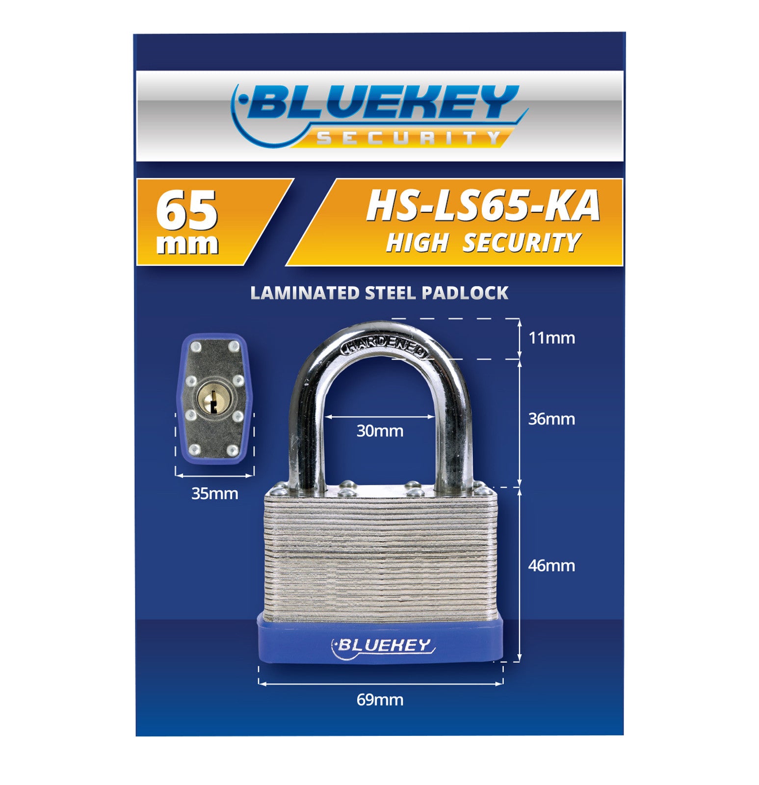 10x Bluekey Heavy Duty Laminated Steel Keyed Alike 65mm Padlocks HS-LS65-KA