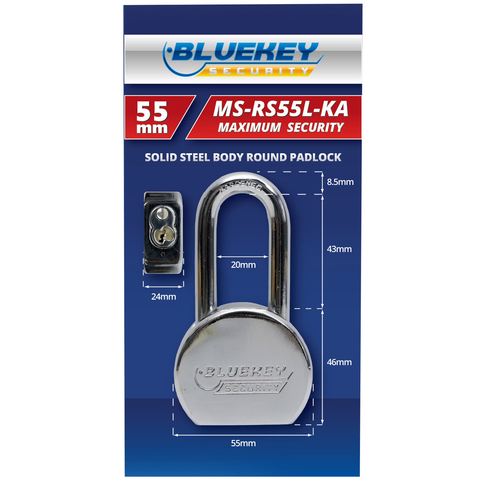 10x Bluekey Maximum Security Solid Steel Body Round Keyed Alike 55mm Padlocks MS-RS55L-KA