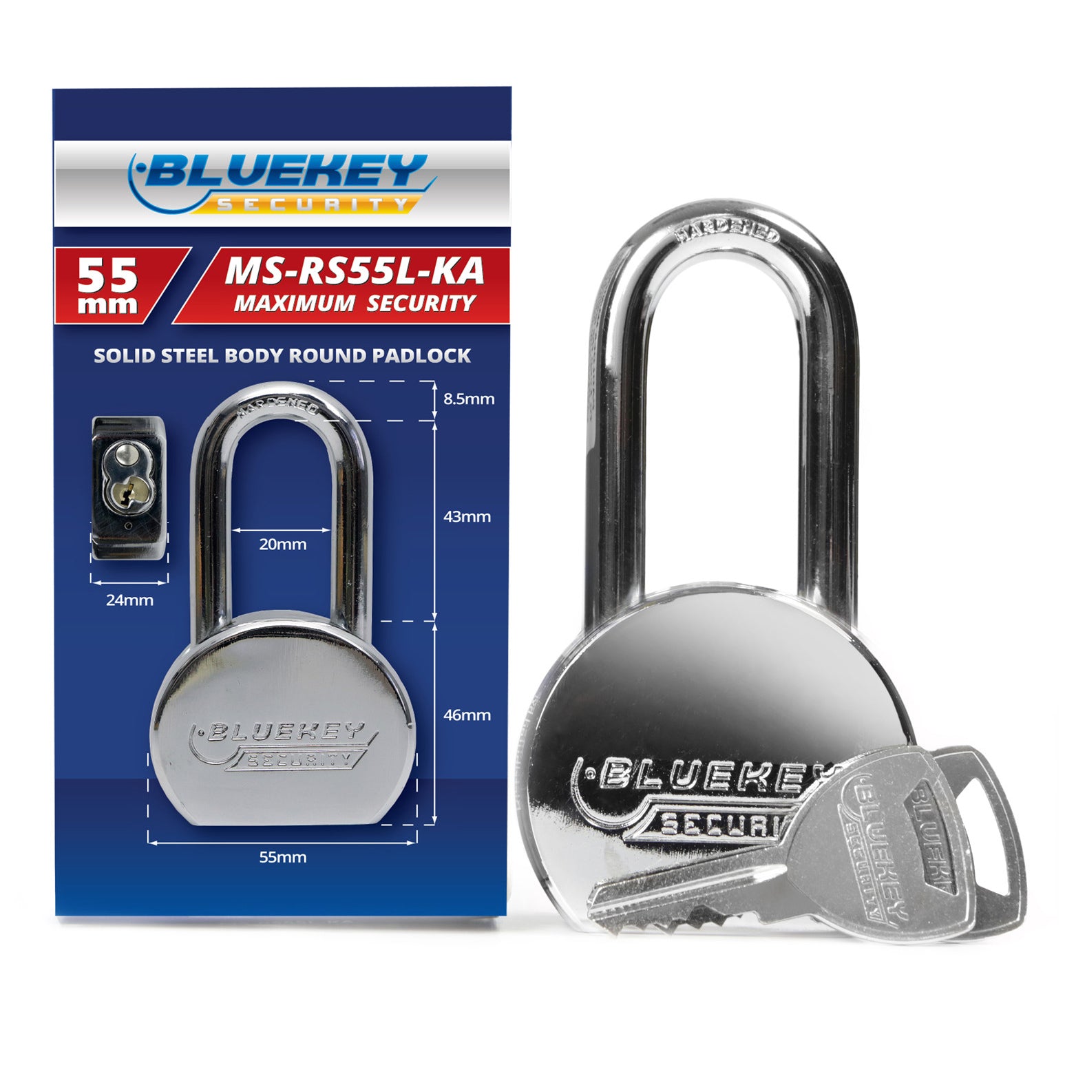 10x Bluekey Maximum Security Solid Steel Body Round Keyed Alike 55mm Padlocks MS-RS55L-KA