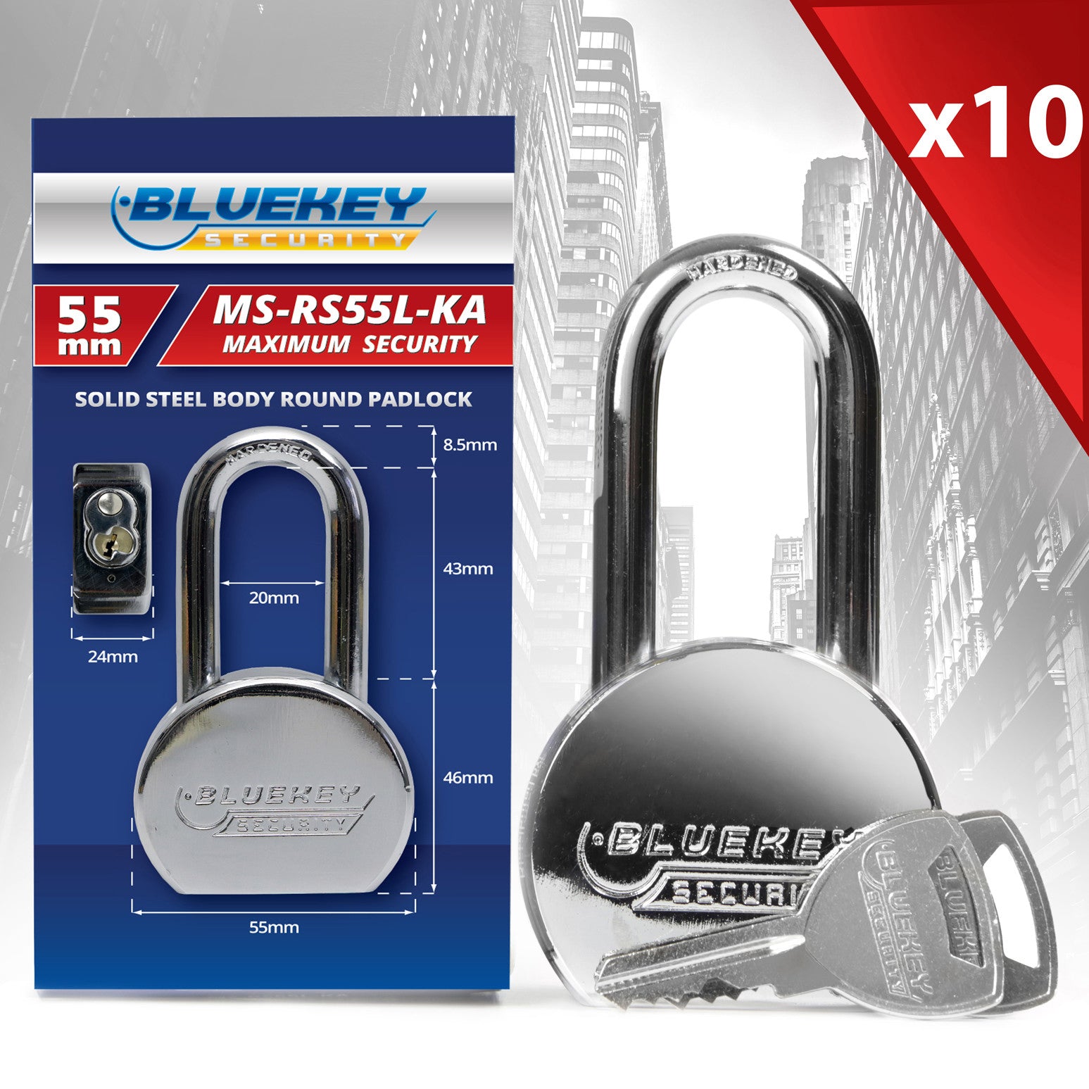 10x Bluekey Maximum Security Solid Steel Body Round Keyed Alike 55mm Padlocks MS-RS55L-KA