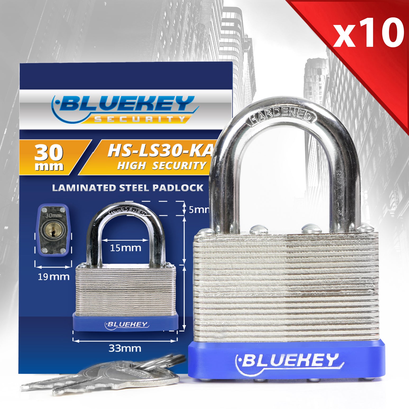 10x Bluekey Heavy Duty Laminated Steel Keyed Alike 30mm Padlocks HS-LS30-KA