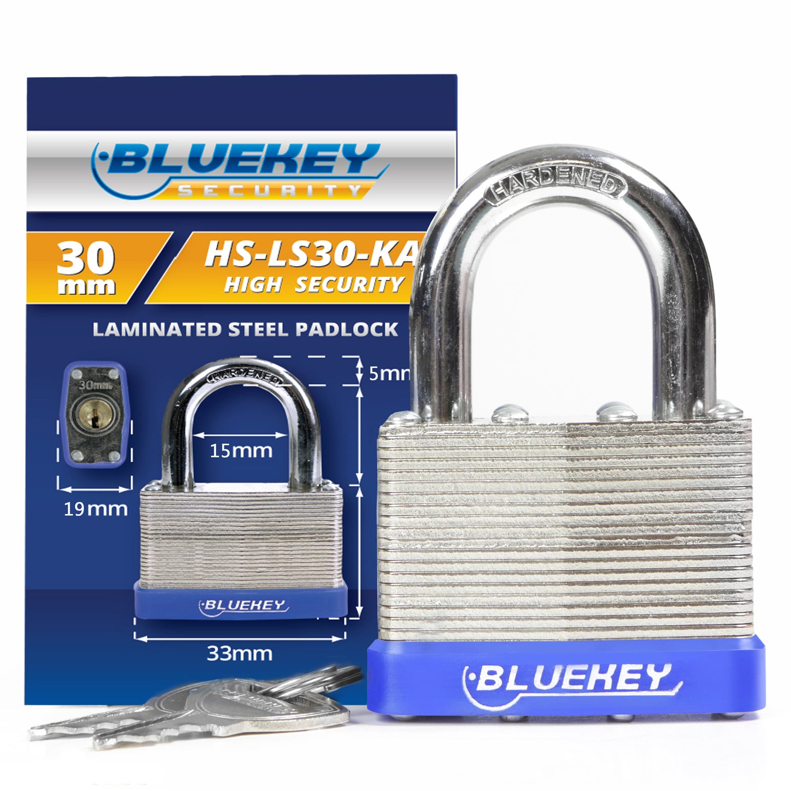 10x Bluekey Heavy Duty Laminated Steel Keyed Alike 30mm Padlocks HS-LS30-KA