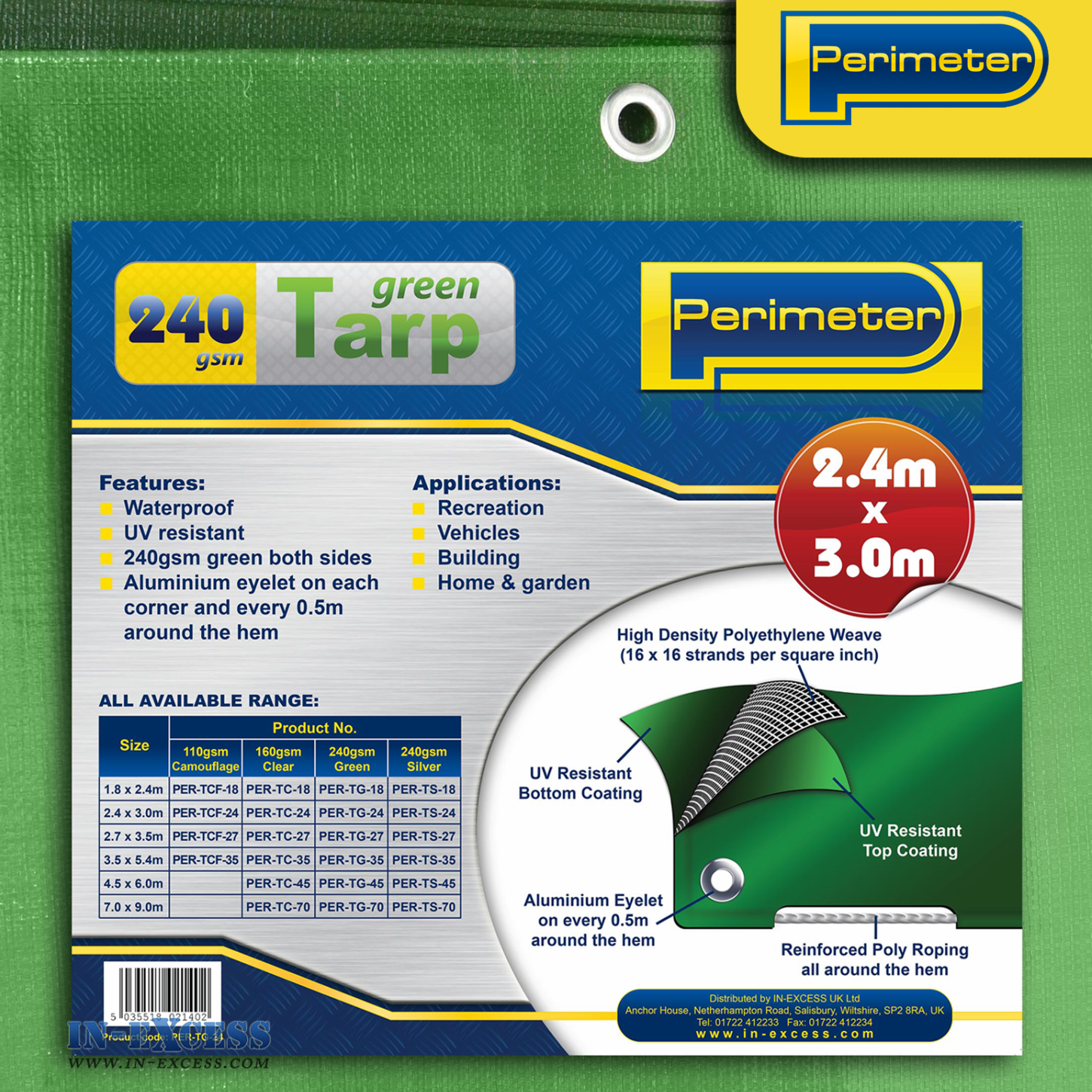 Perimeter Heavy Duty Tarpaulin Green - 2.4 x 3.0 Metres