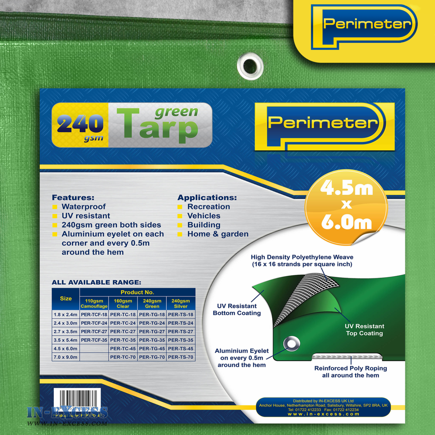 Perimeter Heavy Duty Tarpaulin Green - 4.5 x 6.0 Metres