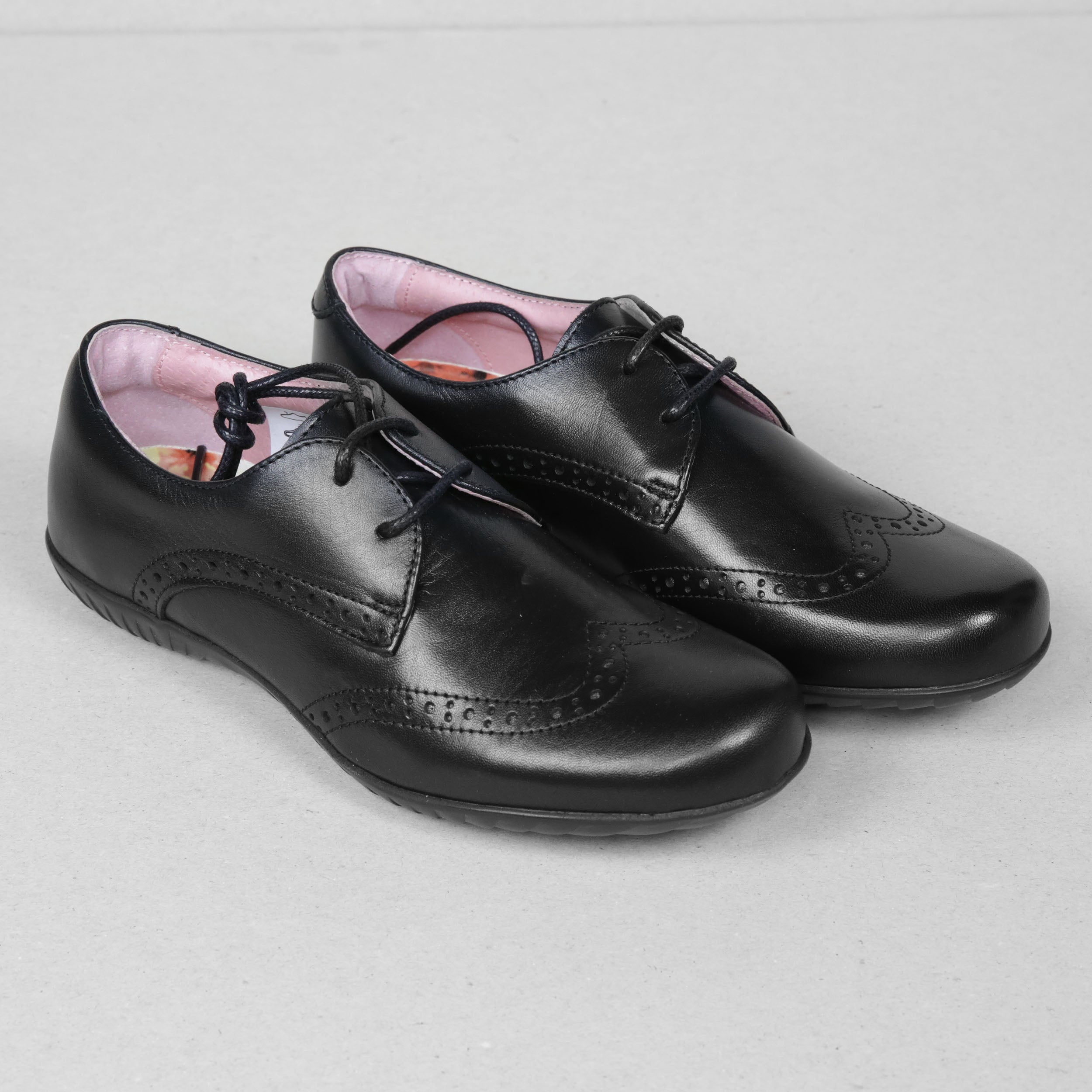 Petasil Emma Kids Girls Black Leather Brogue Lace-Up Shoes