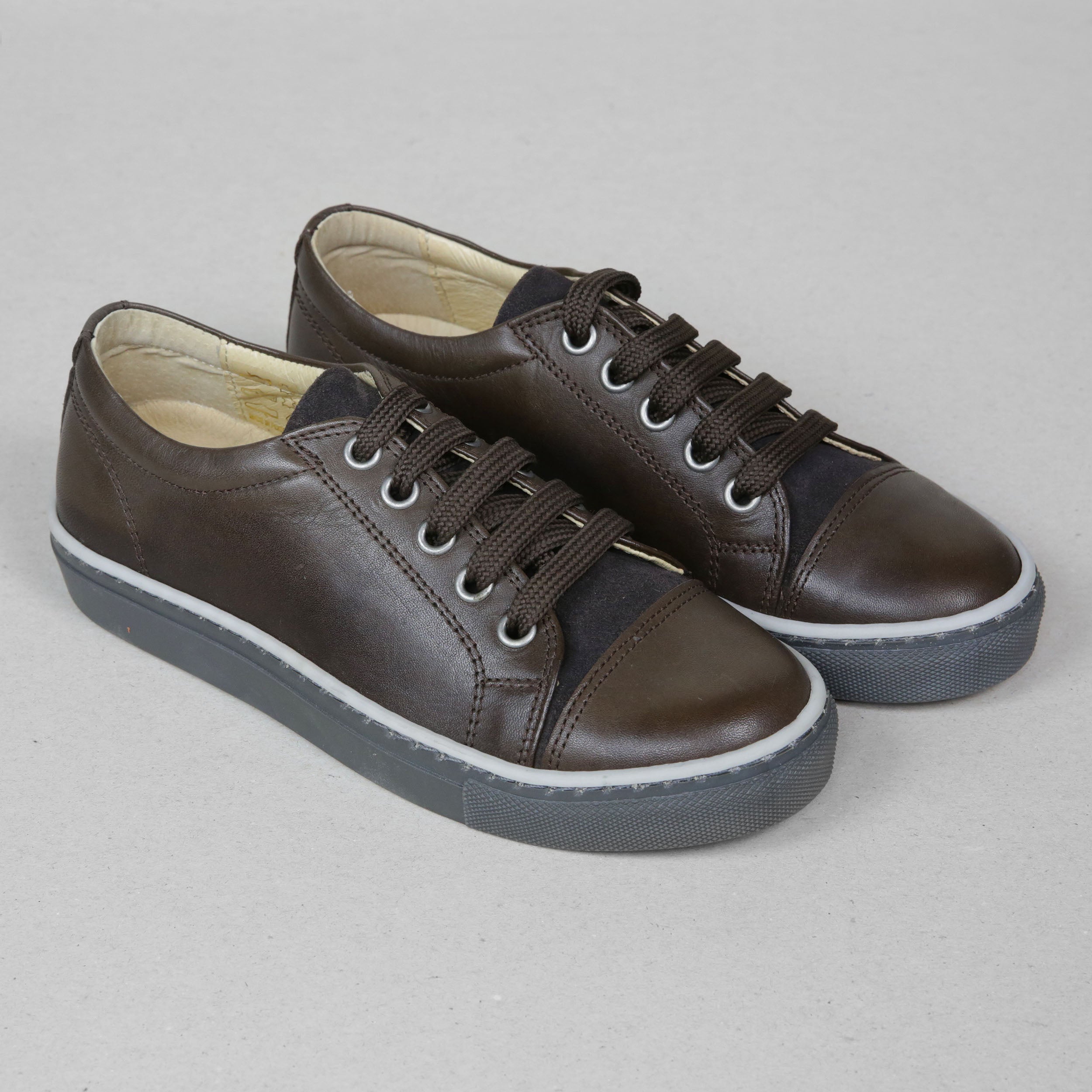 Petasil Peel Kids Boys Dark Brown Leather Lace-Up Trainers UK 2.5 / EUR 35