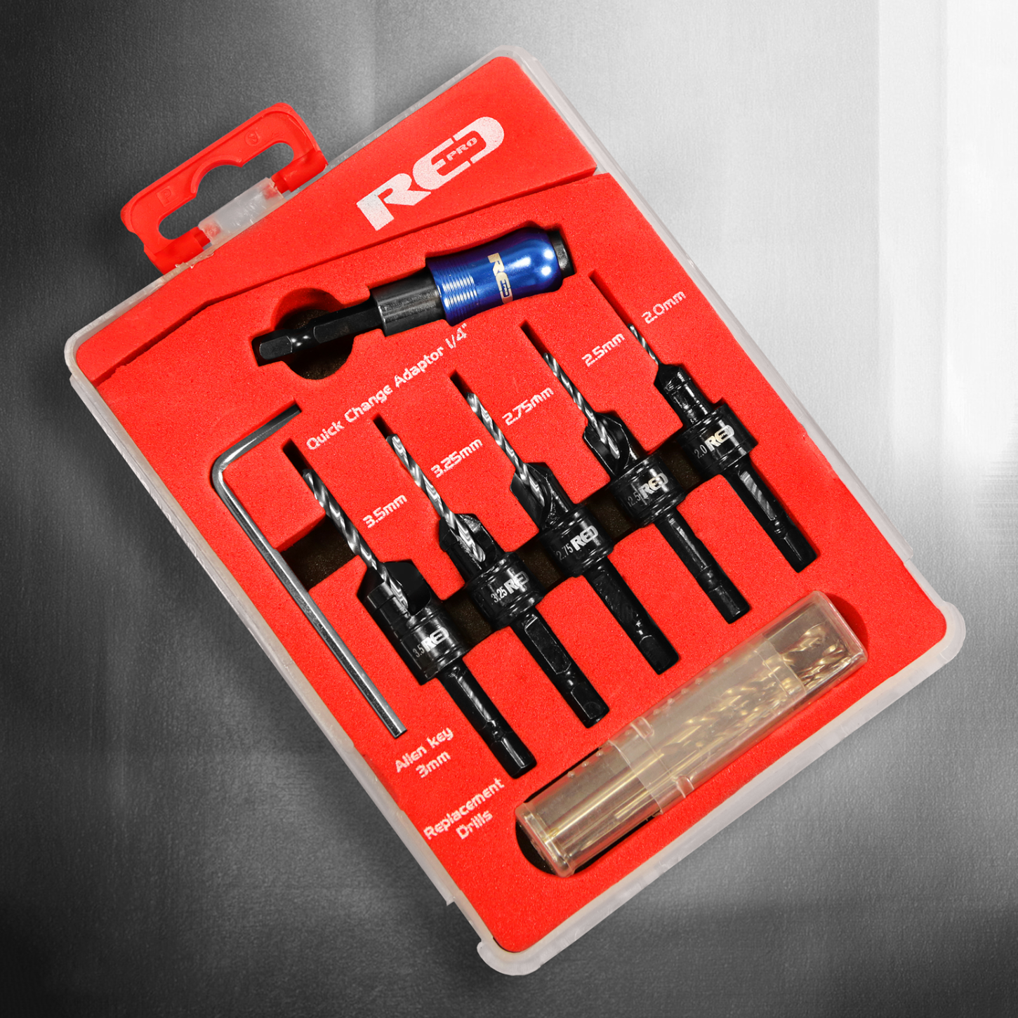 Red Pro Countersink Set with Adjustable Drills - 12 Piece Set