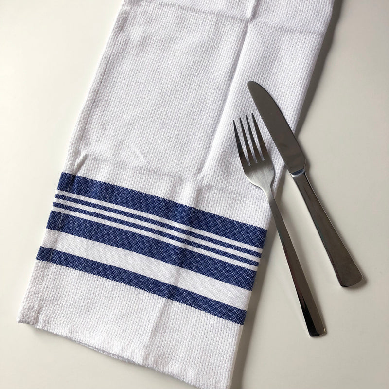 100% Linen Kitchen Tea Towel in Side Check Stripe White/Blue