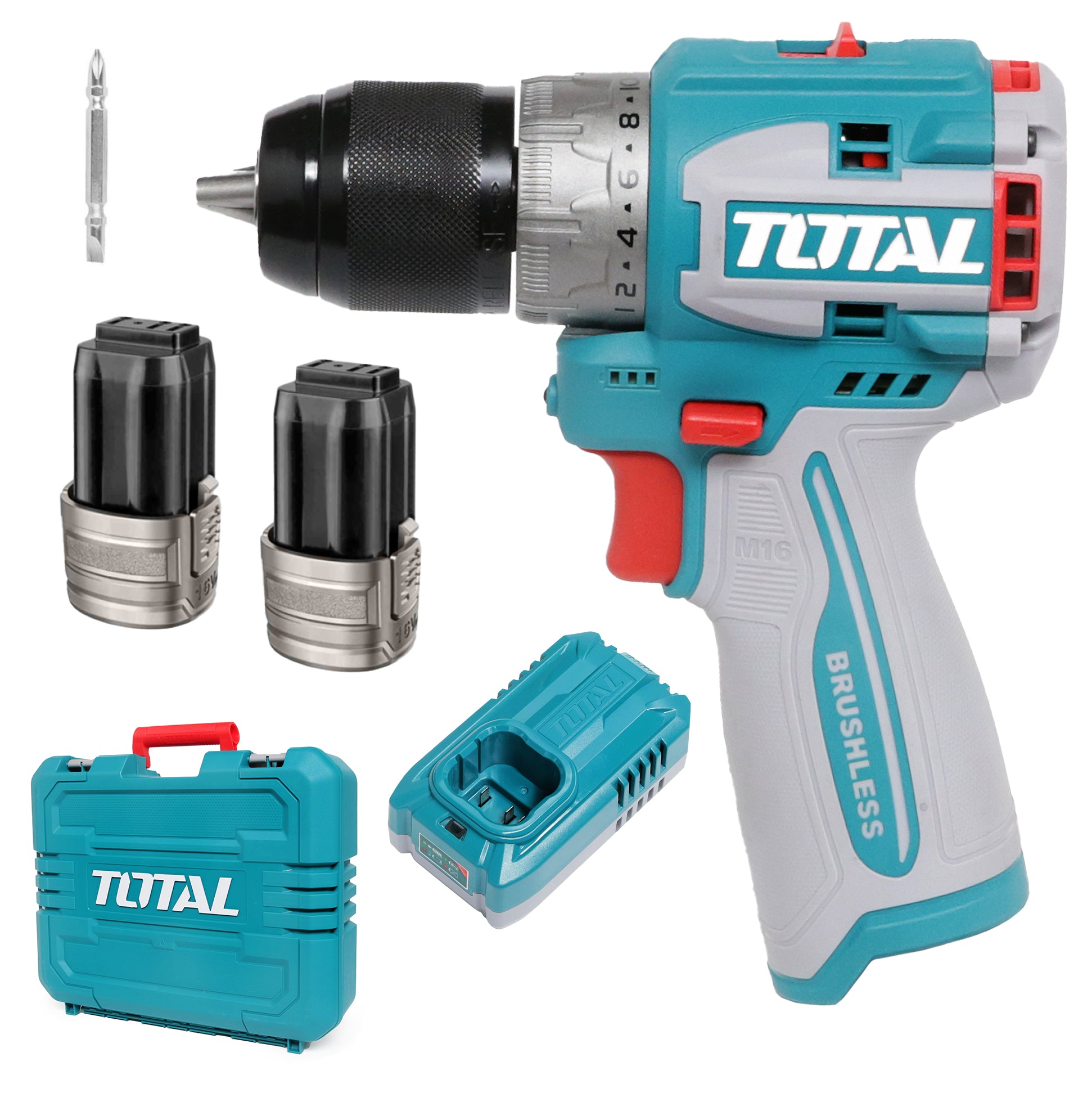 Total Li-Ion 16V Compact Brushless Cordless Drill (with 2 x Batteries & Charger) - TDLI16682