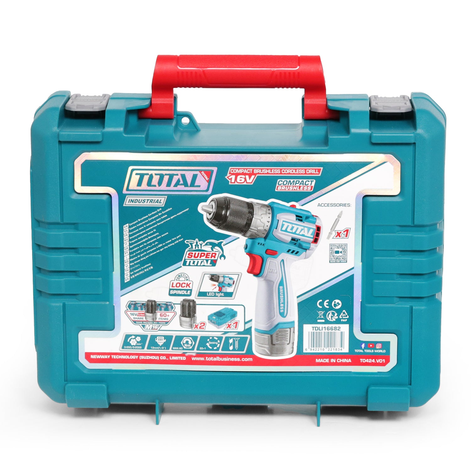 Total Li-Ion 16V Compact Brushless Cordless Drill (with 2 x Batteries & Charger) - TDLI16682