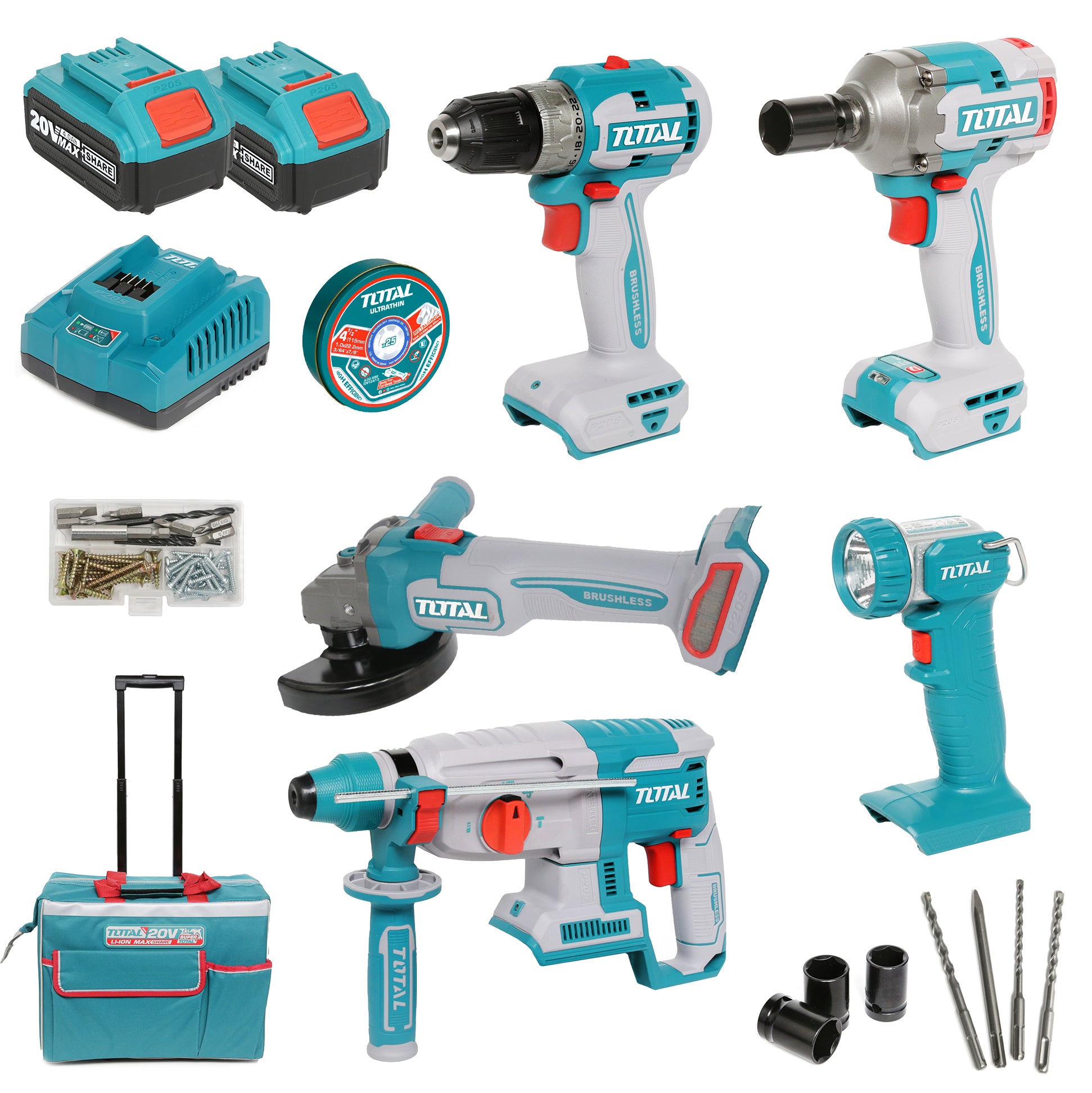 Total Li-Ion 20V Industrial Combo Kit (with 2 x Batteries & Charger) - TCKLI2058