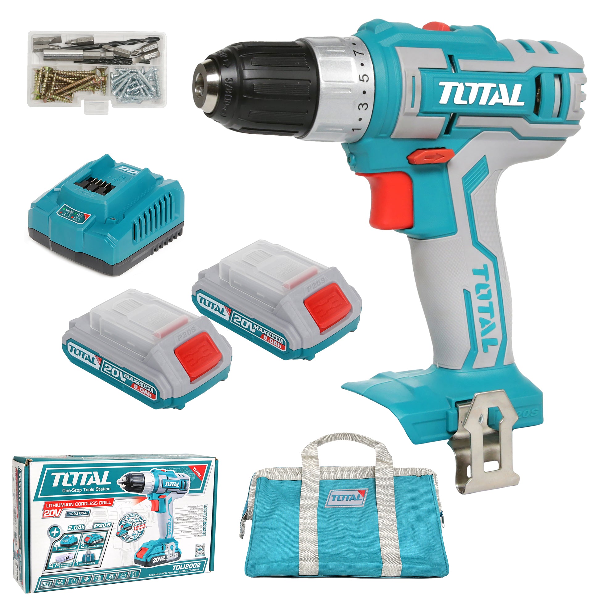 Total Li-Ion 20V Cordless Drill (with 2 x Batteries & Charger) - TDLI2002