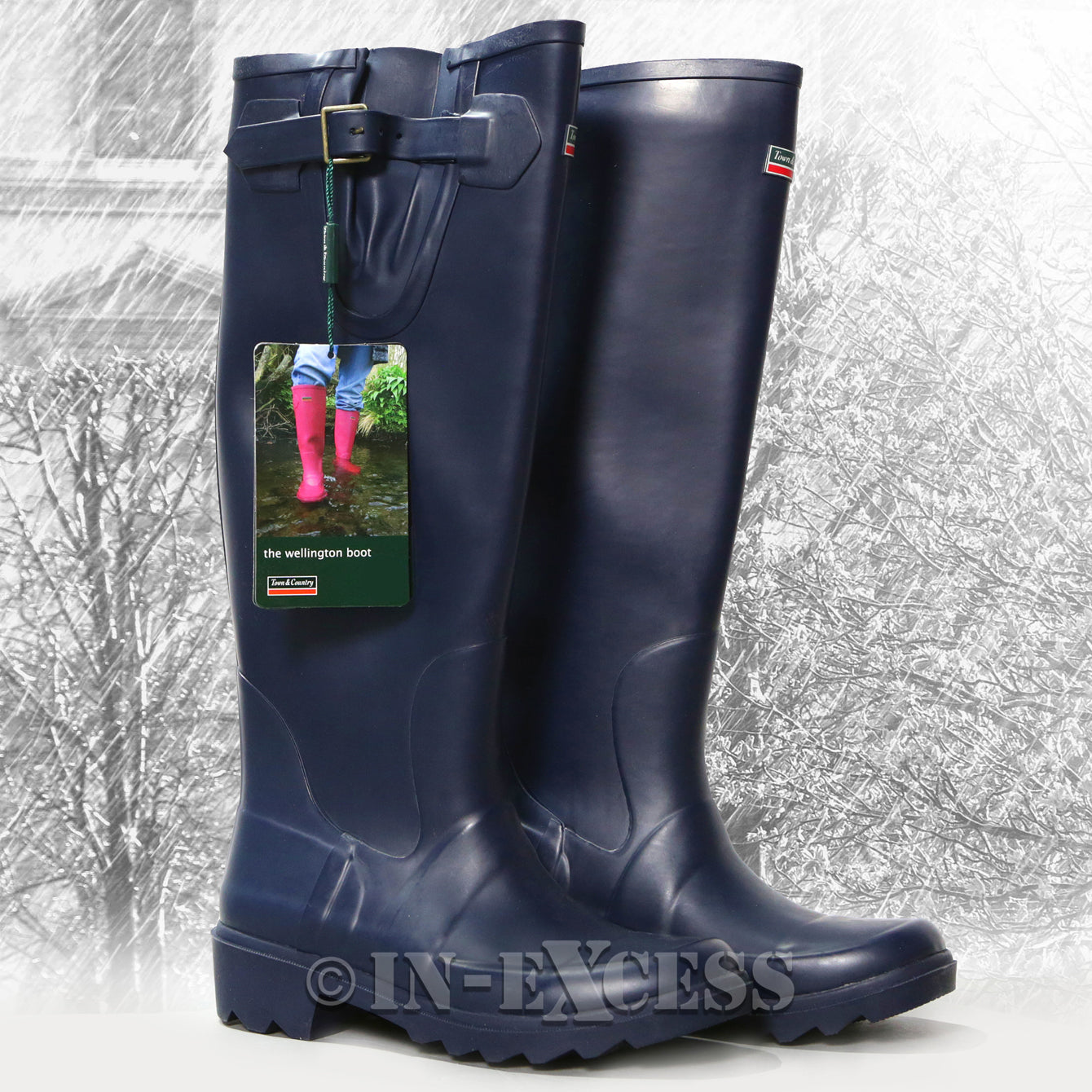 Town & Country Adjustable Deep Tread Tall Wellington Walking Boots Navy Blue - Size 3