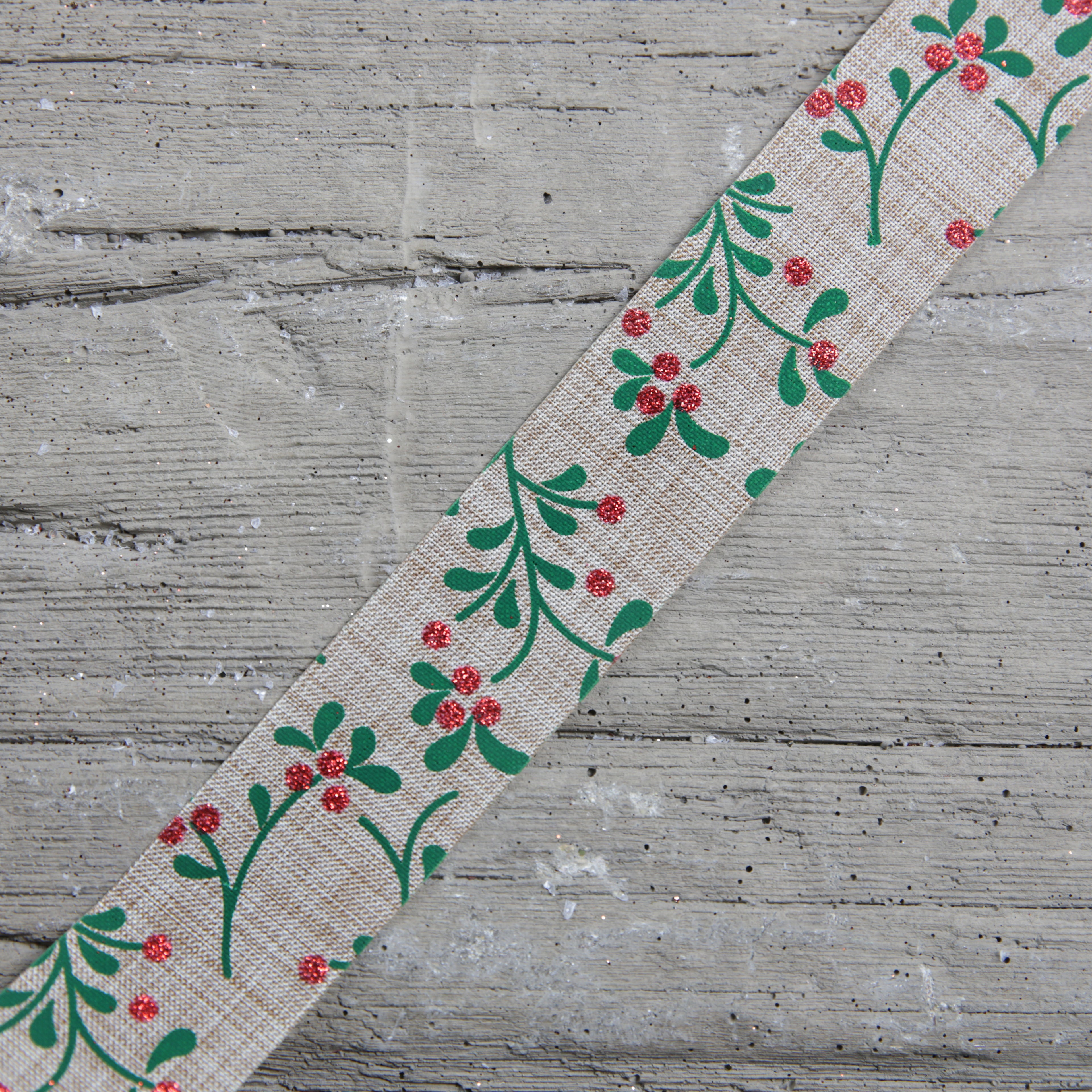 Christmas Berry Print Rustic Ribbon 2.7m Natural - 2 Sizes Available