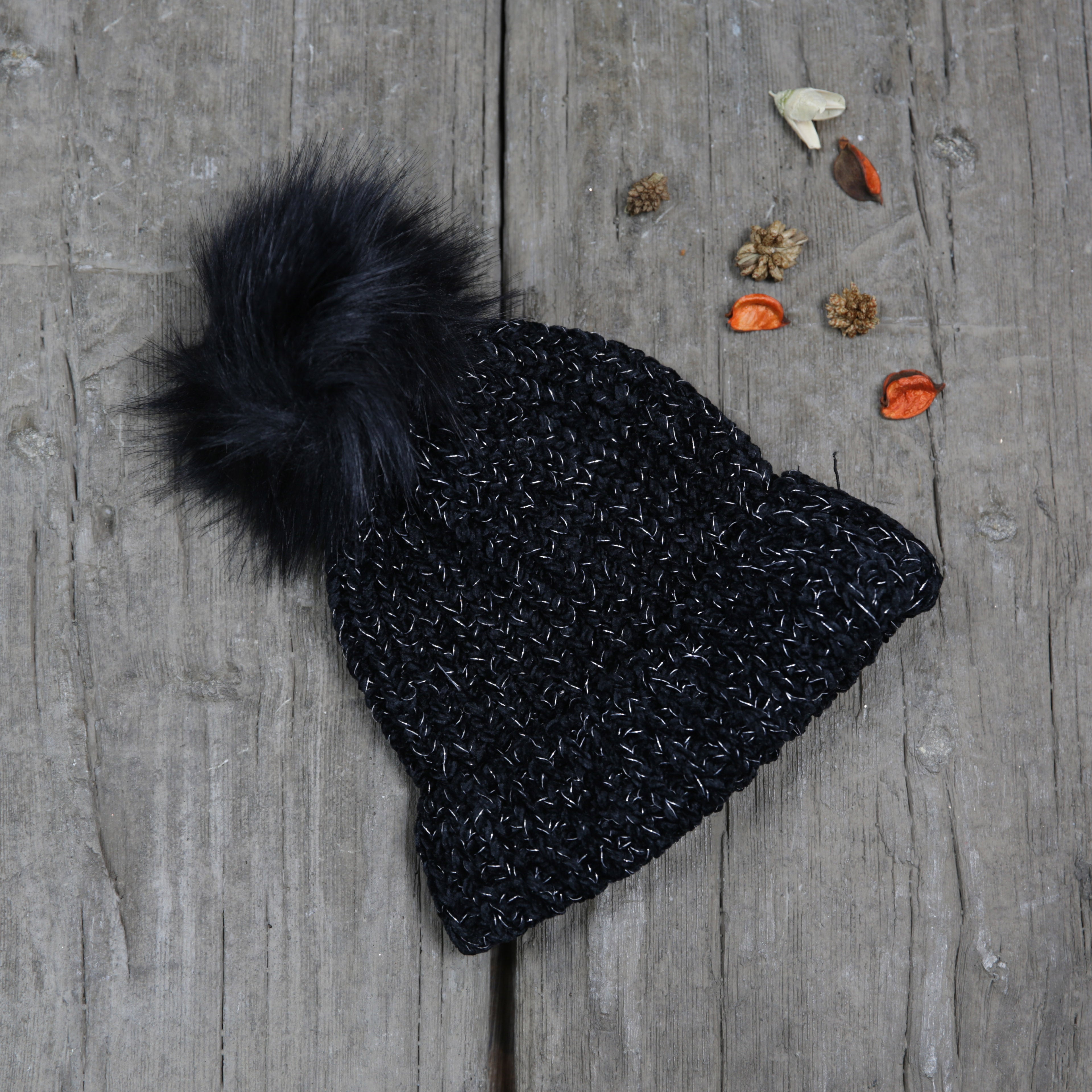 Isotoner Black Women's Chenille Snowflake Hat with Faux Fur Pom