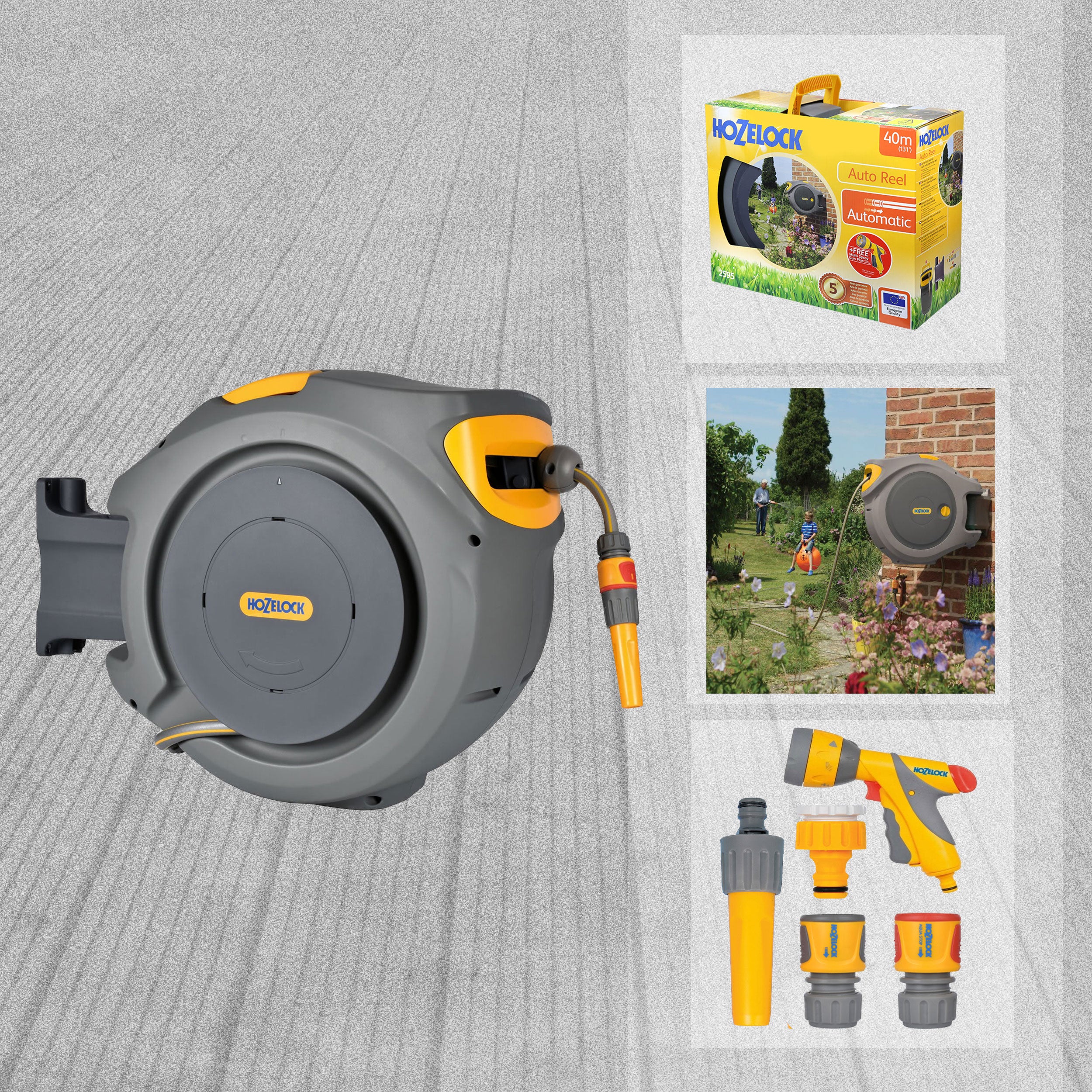 Hozelock Wall Mounted Auto Reel with 40m Hose + Free Multi Spray Gun!