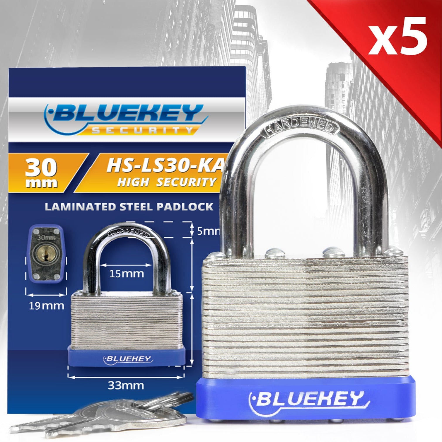 5x Bluekey Heavy Duty Laminated Steel Keyed Alike 30mm Padlocks HS-LS30-KA