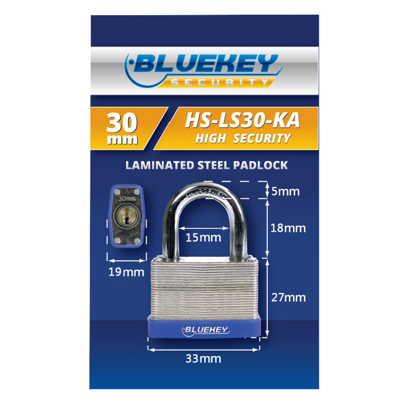 5x Bluekey Heavy Duty Laminated Steel Keyed Alike 30mm Padlocks HS-LS30-KA