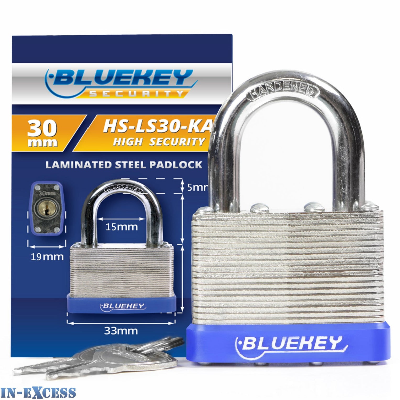 5x Bluekey Heavy Duty Laminated Steel Keyed Alike 30mm Padlocks HS-LS30-KA