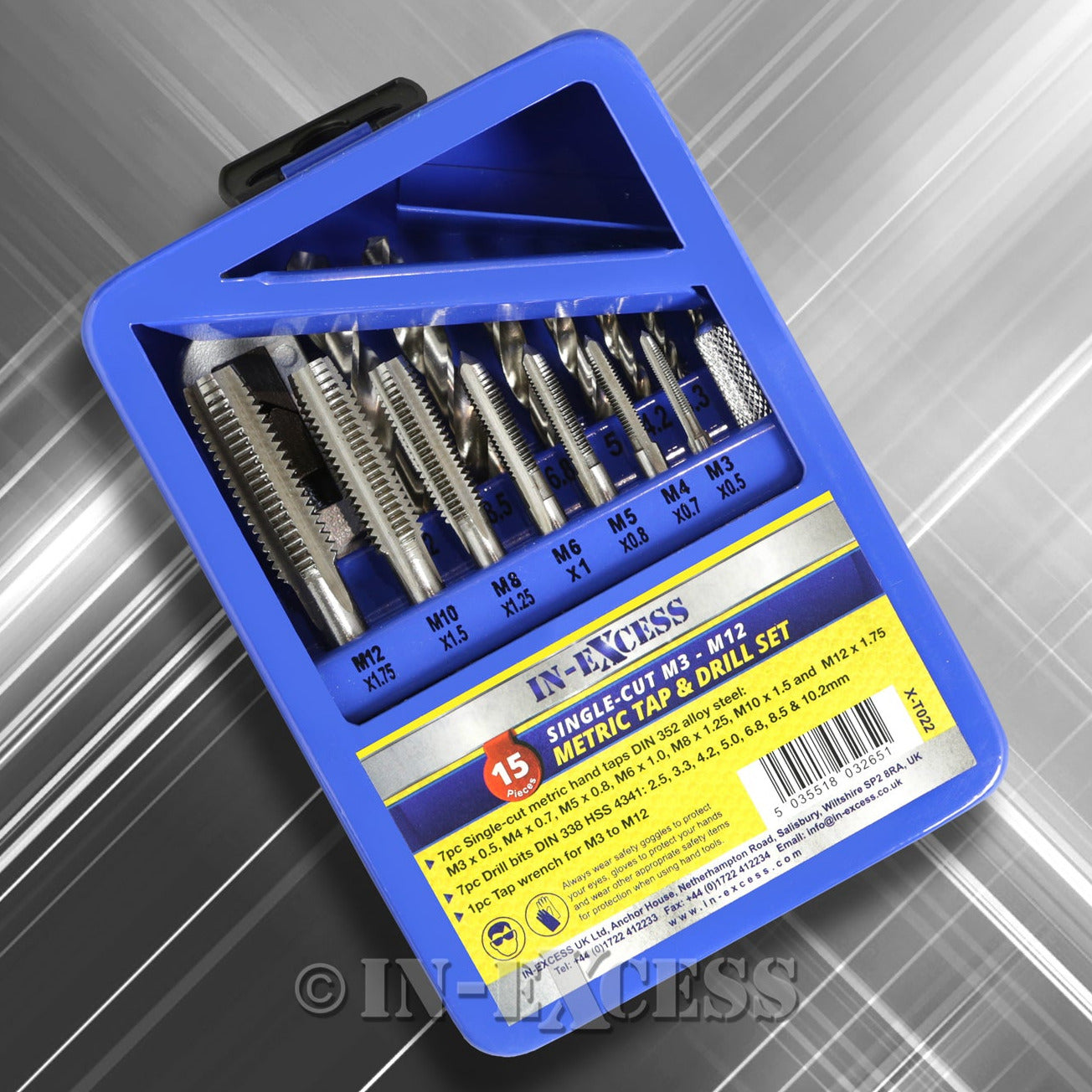 In-Excess Metric M3 - M12 Tap & Power Tool Drill Bit Alloy Steel Set - Set of 15 Pieces