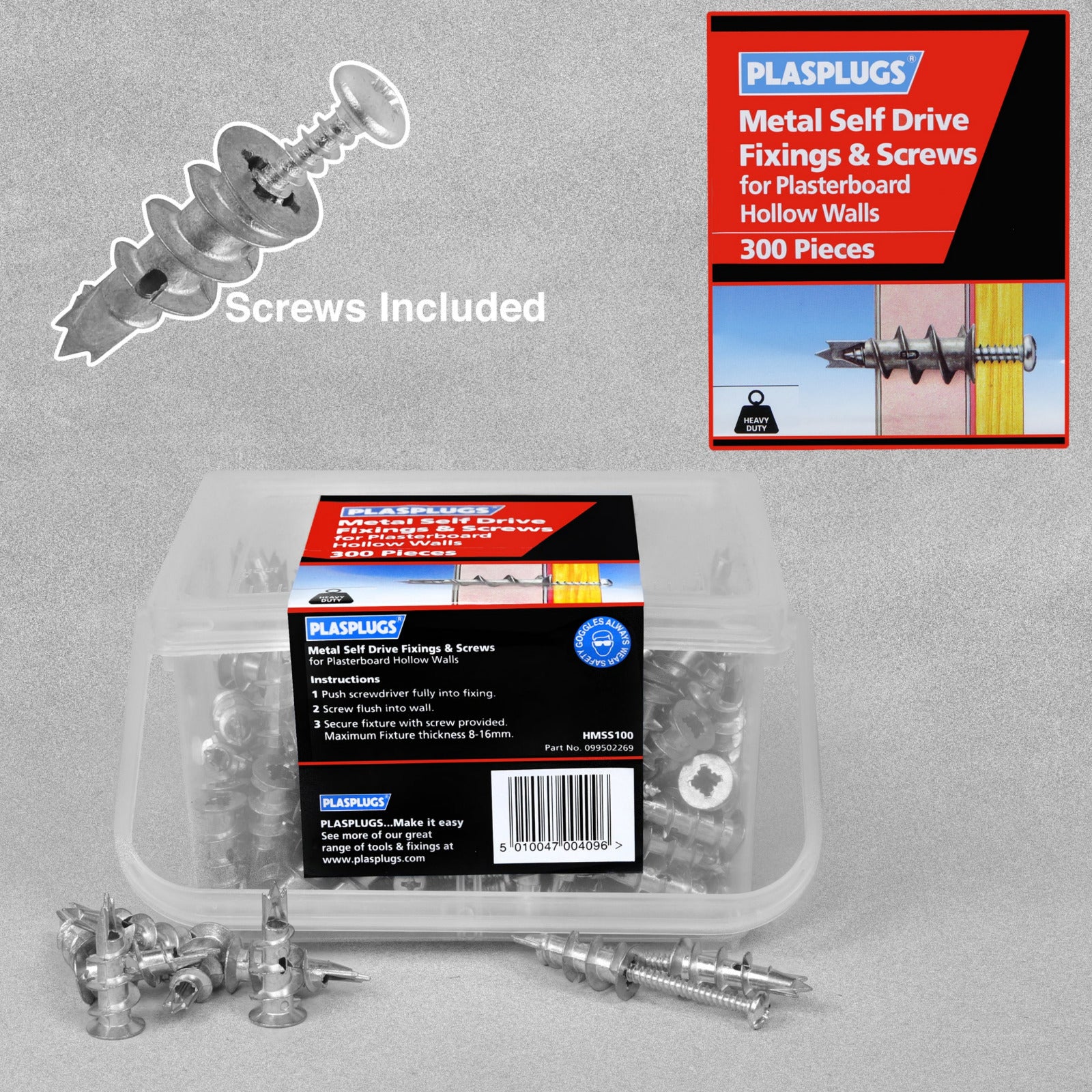 Plasplugs Metal Self Drive Fixings & Screws - 300 pieces (150 screws/150 plugs)