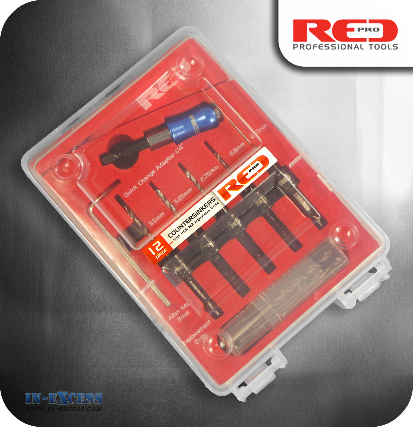 Red Pro Countersink Set with Adjustable Drills - 12 Piece Set