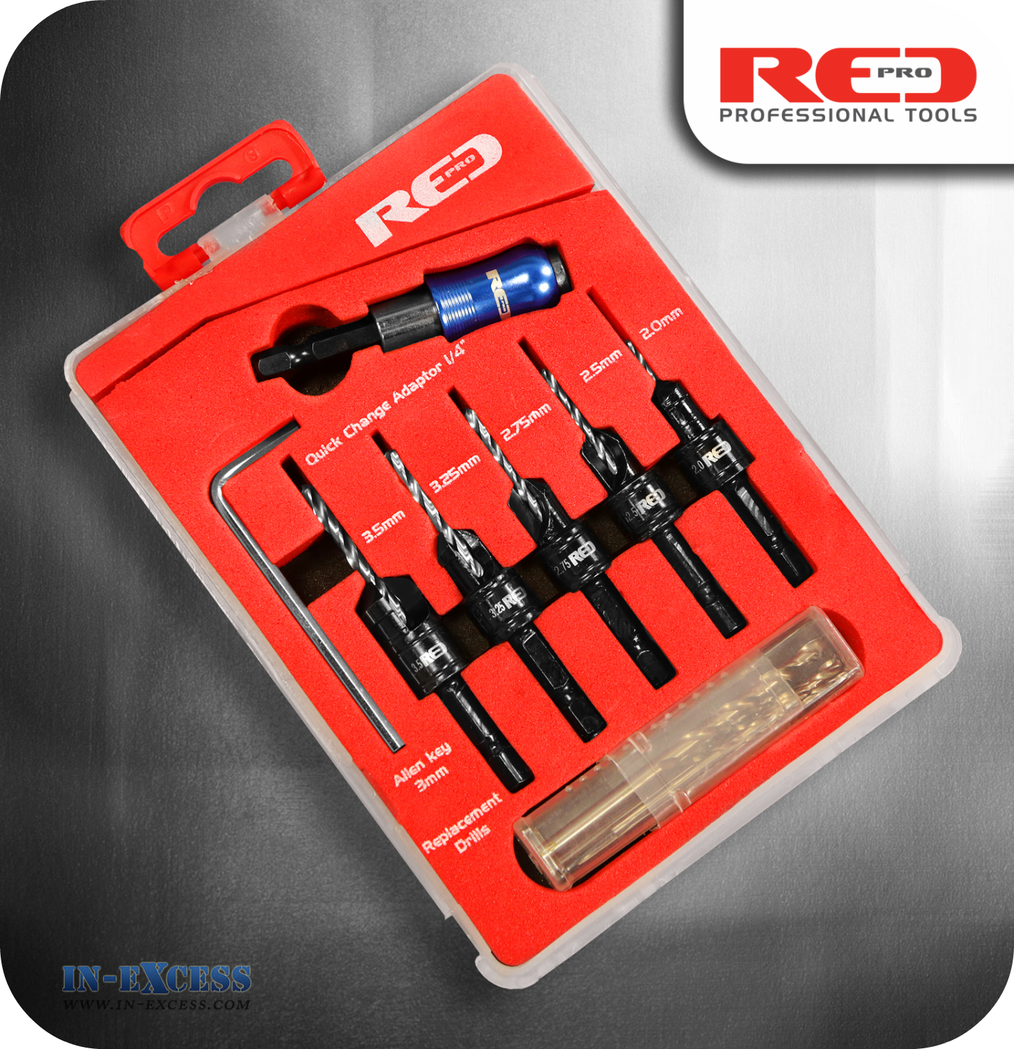 Red Pro Countersink Set with Adjustable Drills - 12 Piece Set